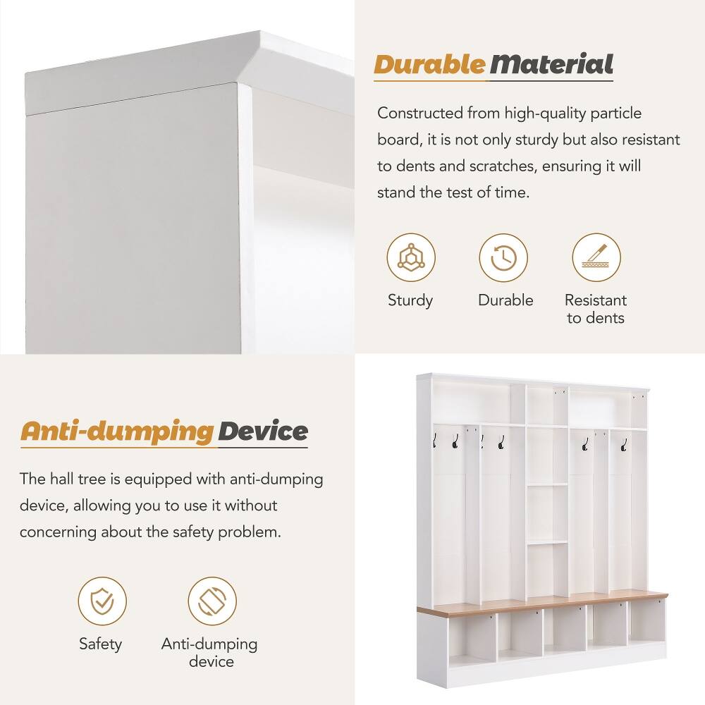 Durable Material  
Constructed from high-quality particle board, it is not only sturdy but also resistant to dents and scratches, ensuring it will stand the test of time.  
Sturdy  
Durable  
Resistant to dents  

Anti-dumping Device  
The hall tree is equipped with anti-dumping device, allowing you to use it without concerning about the safety problem.  
Safety  
Anti-dumping device