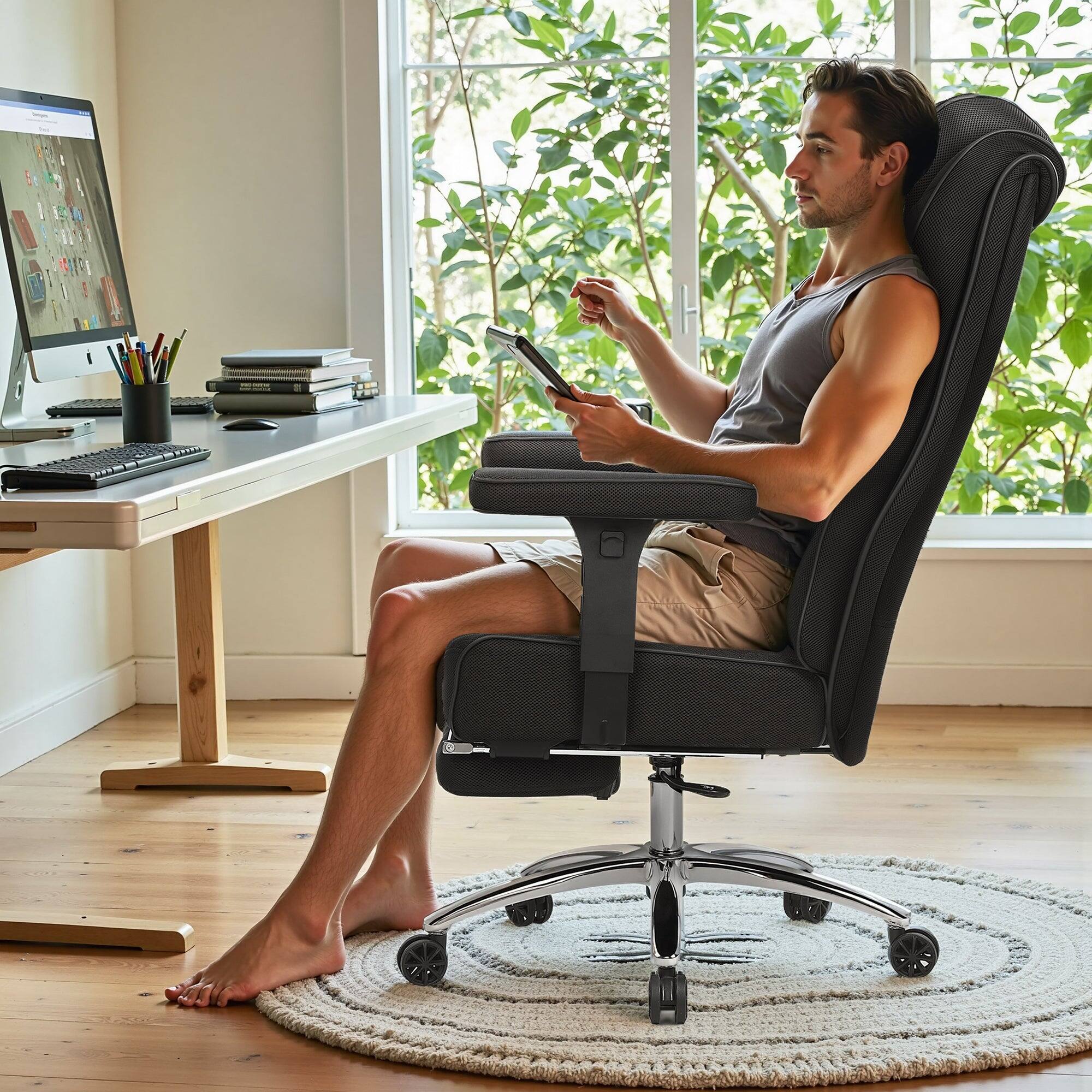 Alt View 4. Vecelo - Black Gaming Chair with Retractable Footrest - Ergonomic Office Chair, Adjustable Lumbar Support & Breathable Fabric - Black.