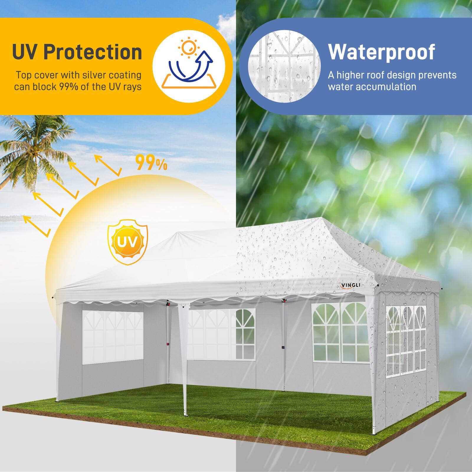 UV Protection Top cover with silver coating can block 99% of the UV rays

Waterproof A higher roof design prevents water accumulation

VINGLI