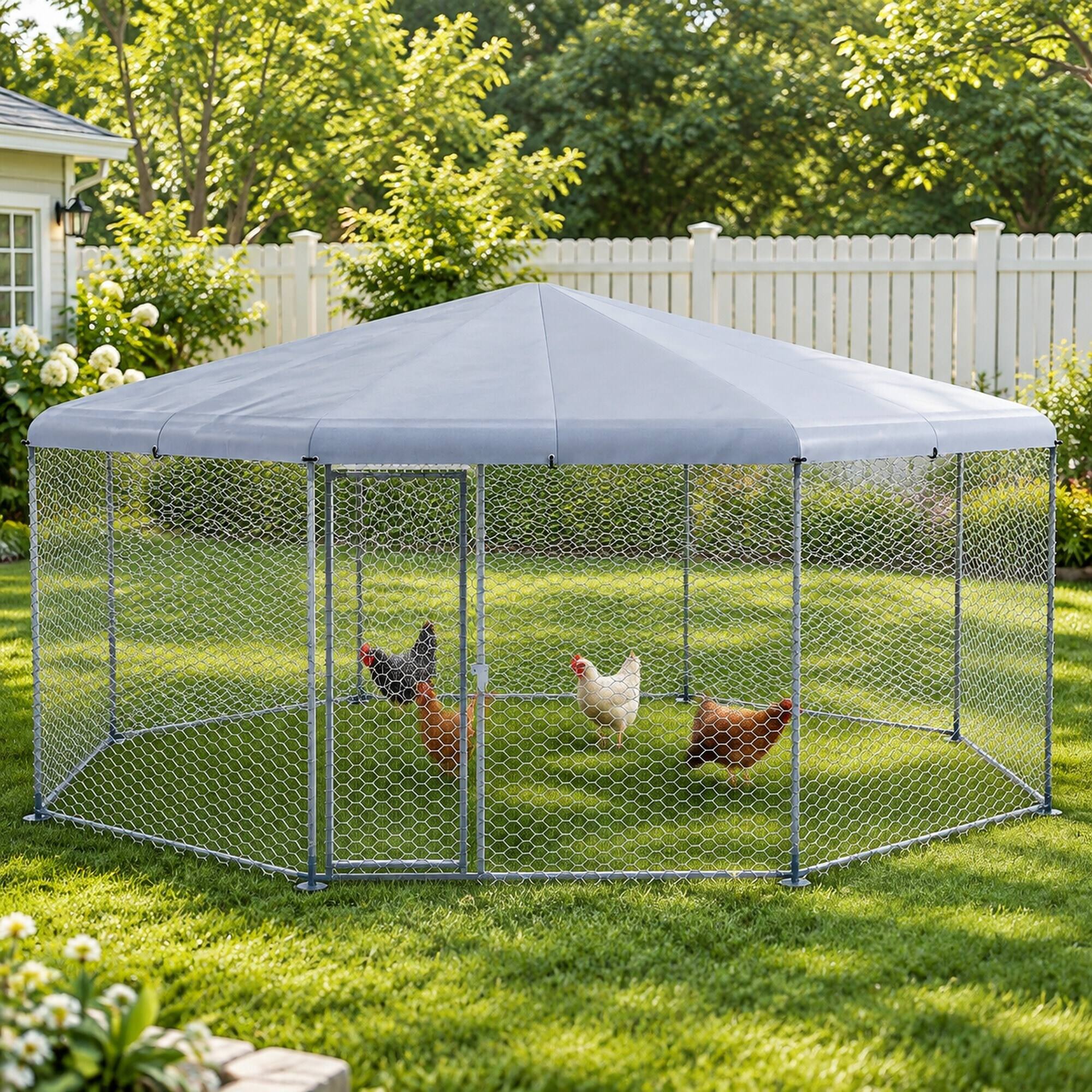 Alt View 2. RYHNUYNE - 17 ft x 15.7 ft x 9 ft Walk-In Metal Chicken Coop, Waterproof Anti-UV Cover, Lockable Door, Rust-Resistant Frame.