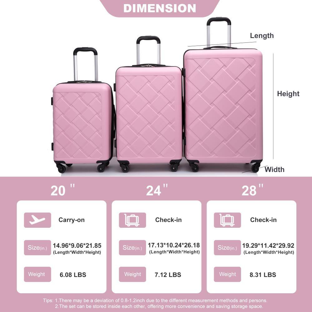 **DIMENSION**

- **20" Carry-on**
  - Size (in): 14.96" x 9.06" x 21.85" (Length x Width x Height)
  - Weight: 6.08 LBS

- **24" Check-in**
  - Size (in): 17.13" x 10.24" x 26.18" (Length x Width x Height)
  - Weight: 7.12 LBS

- **28" Check-in**
  - Size (in): 19.29" x 11.42" x 29.92" (Length x Width x Height)
  - Weight: 8.31 LBS

**Tips:**
1. There may be a deviation of 0.8-1.2 inch due to different measurement methods and persons.
2. The set can be stored inside each other, offering more convenience and saving storage space.
