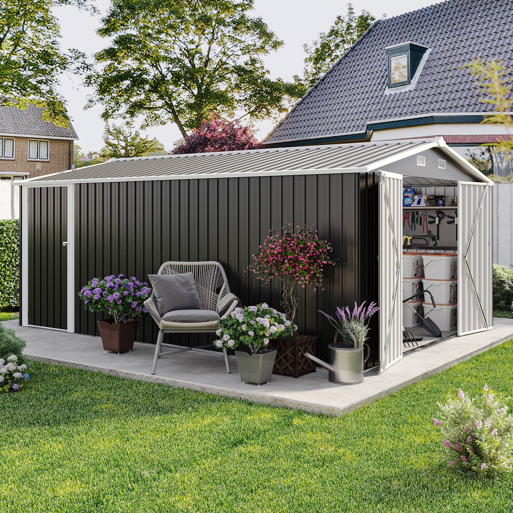 Angle. Anysun - Anysun 10×14 FT Practical 3-Open Hinge Door Design Metal Utility Tool Storage Shed, Assembly Required - Dark Gray.