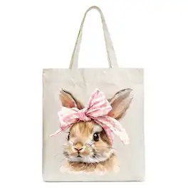 OrnamentallyYou - Easter Bunny Coquette Pink Bow Tote Bag, Cute Watercolor Gift Shopper - Beige