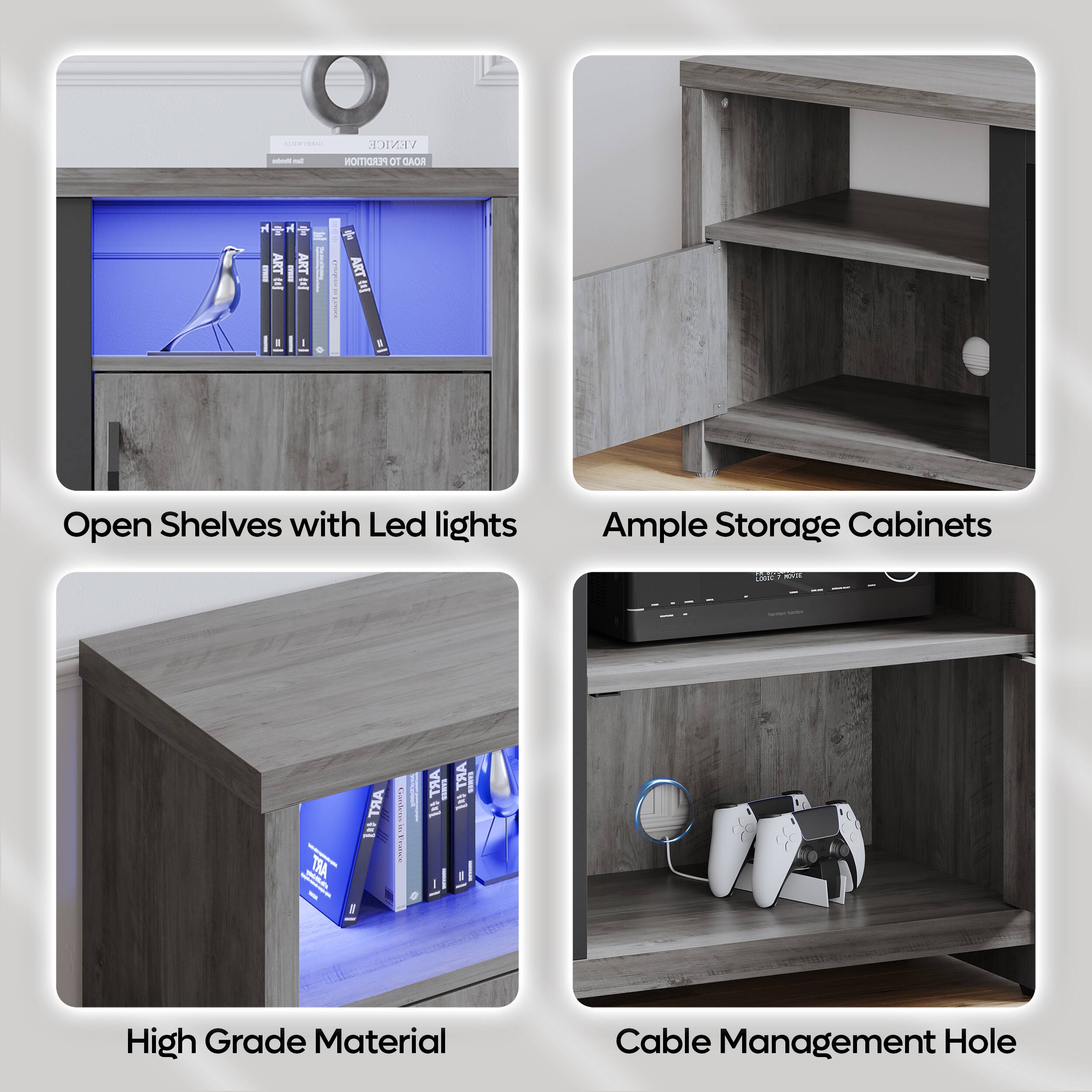 - Open Shelves with Led lights
- Ample Storage Cabinets
- High Grade Material
- Cable Management Hole