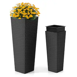 Costway - Rattan Tall Planter Set of 2 with Removable Inner Trays, Drainage Holes for Garden - Black