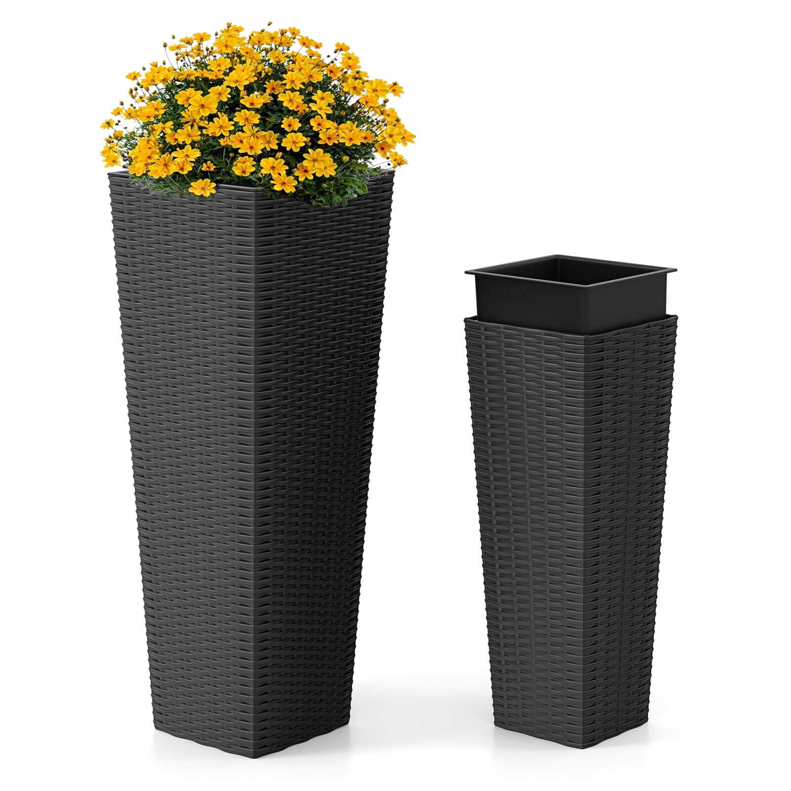 Front. Costway - Costway Rattan Tall Planter Set of 2 with Removable Inner Trays, Drainage Holes for Garden - Black.