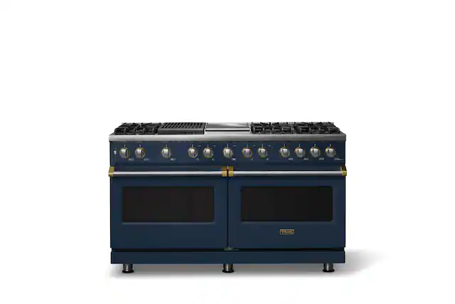 Front. Viking - 60 in. Wide 8 Burner Pro 5 Series 9.4 Cu. Ft. Freestanding Sealed LP Dual Fuel ConvectionRange with Brushed Brass Trim - Slate Blue.