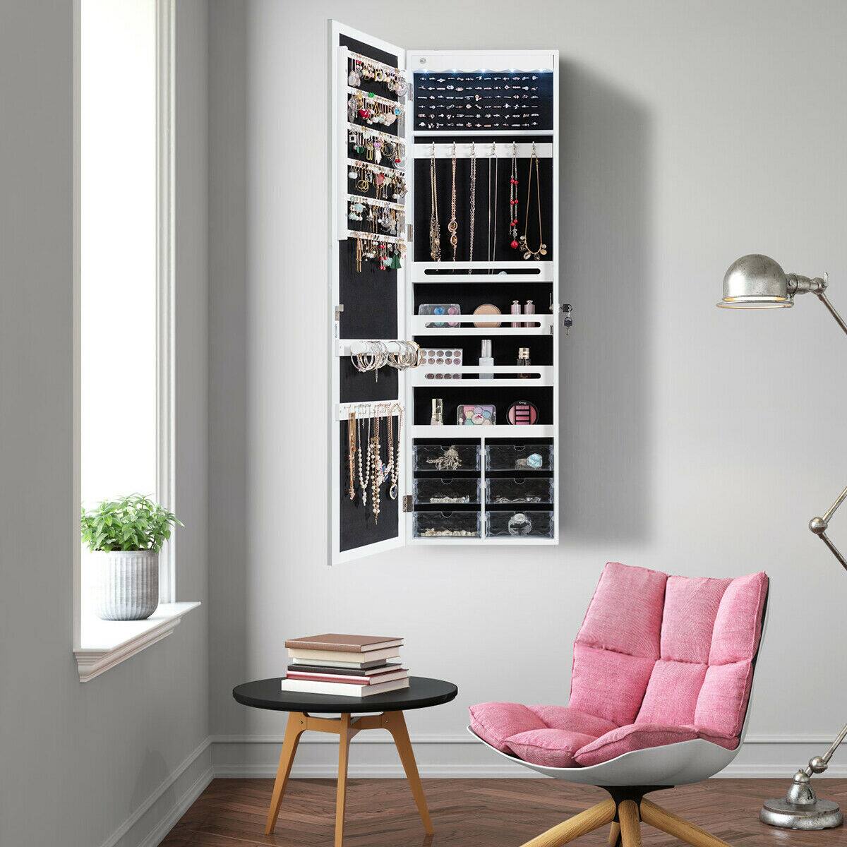 Alt View 5. Gymax - Gymax Wall Door Mounted Jewelry Cabinet Organizer LED Mirror White - White.