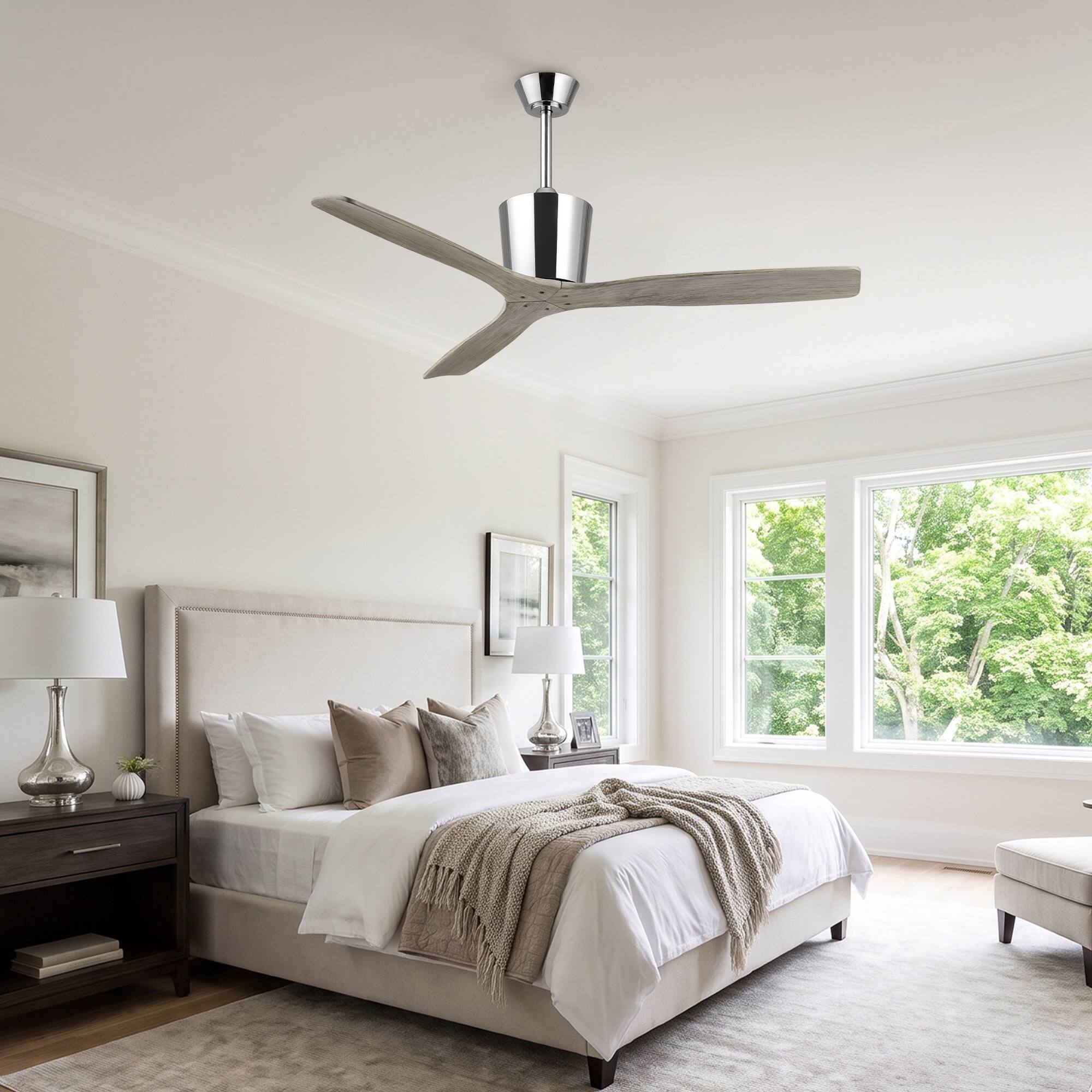 Back. Parrot Uncle - 54" Modern Solid Wood Blade DC Motor 6 Speeds Ceiling Fan with Remote, No Light - Chrome.