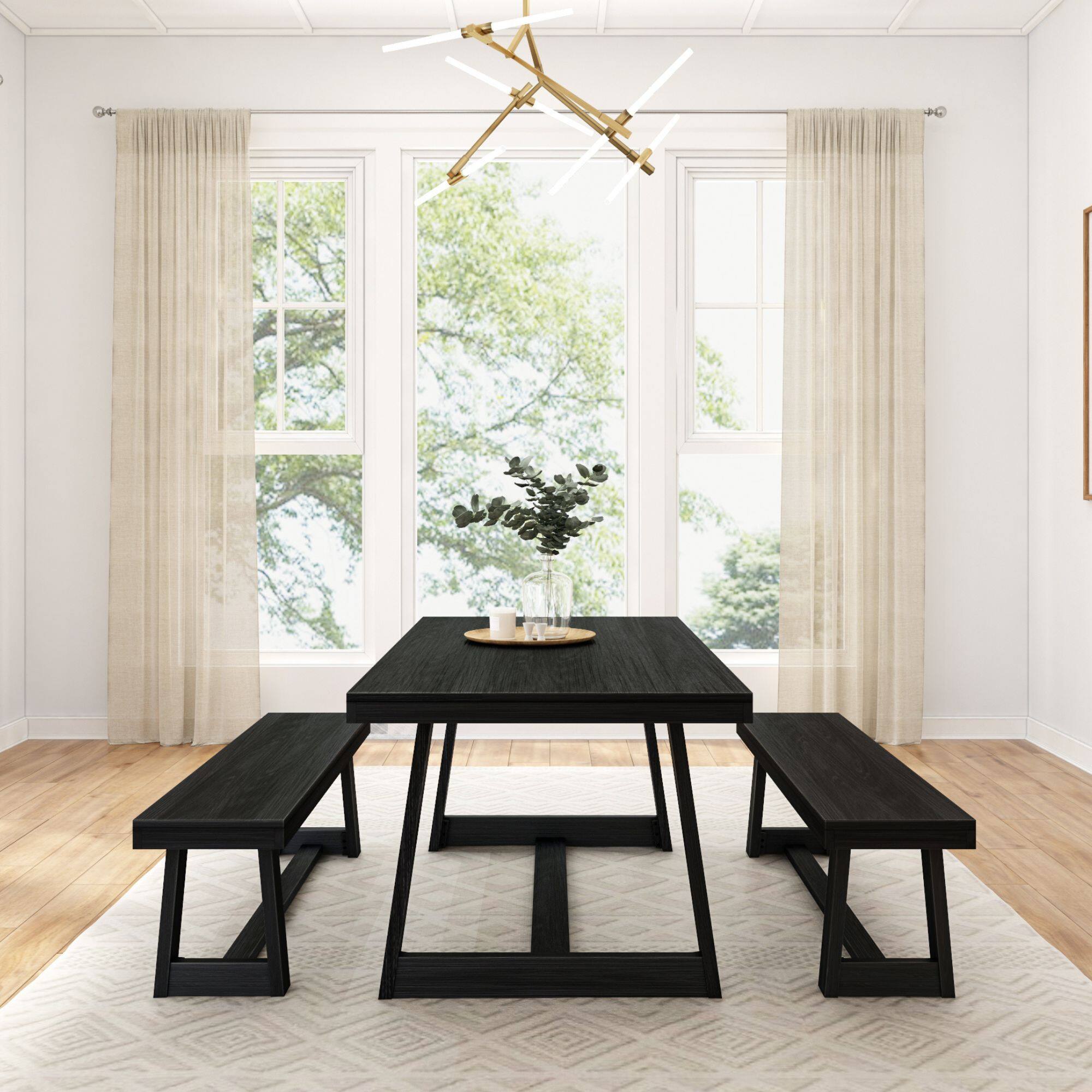 Alt View 1. Plank+Beam - Classic Solid Wood Dining Table Set with 2 Benches, Black Wirebrush - Black Wirebrush.