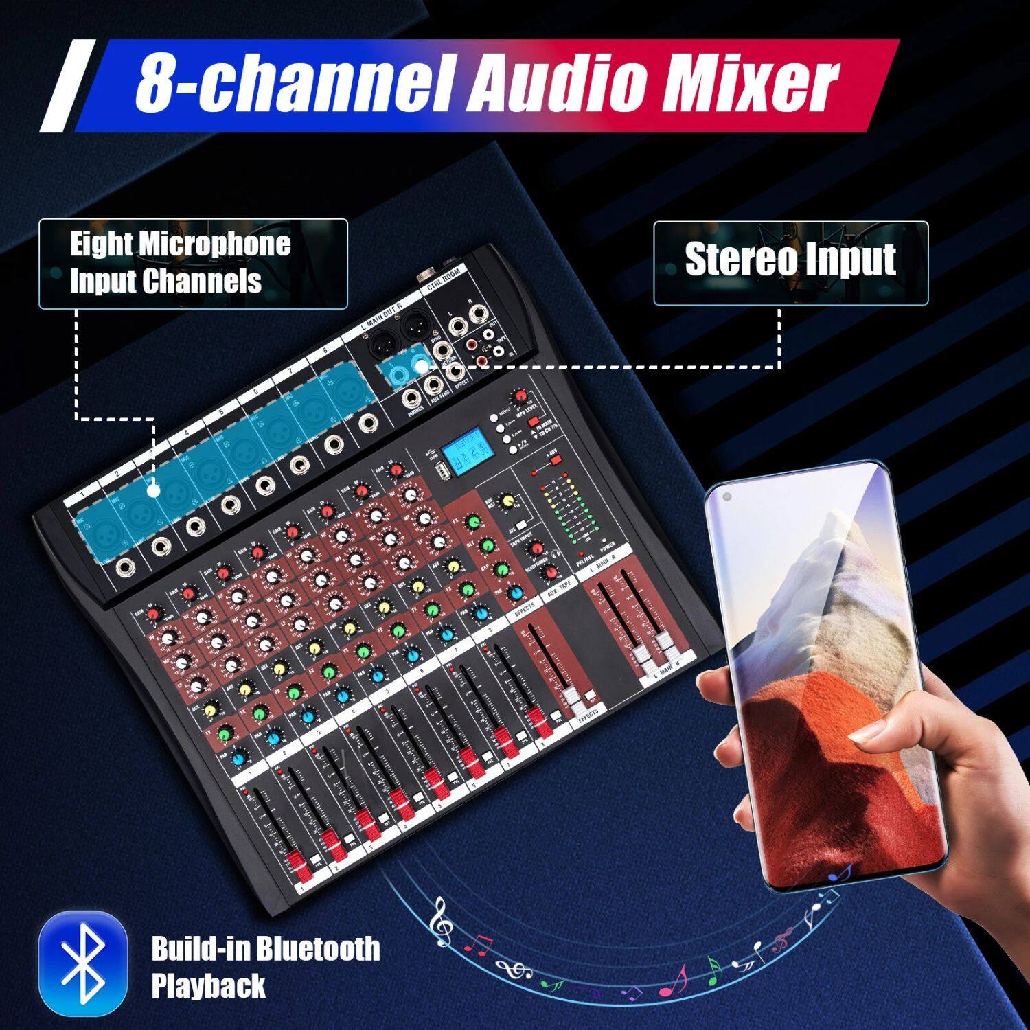 8-channel Audio Mixer

- Eight Microphone Input Channels
- Stereo Input
- Build-in Bluetooth Playback