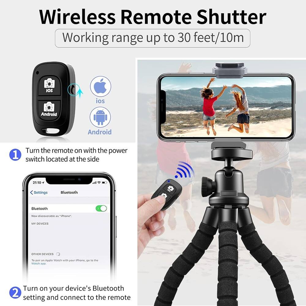 Wireless Remote Shutter  
Working range up to 30 feet/10m  

1. Turn the remote on with the power switch located at the side  

2. Turn on your device's Bluetooth setting and connect to the remote  

Bluetooth  
Now discoverable as "iPhone"  
MY DEVICES  
OTHER DEVICES  
To pair an Apple Watch with your iPhone, go to the Watch app.