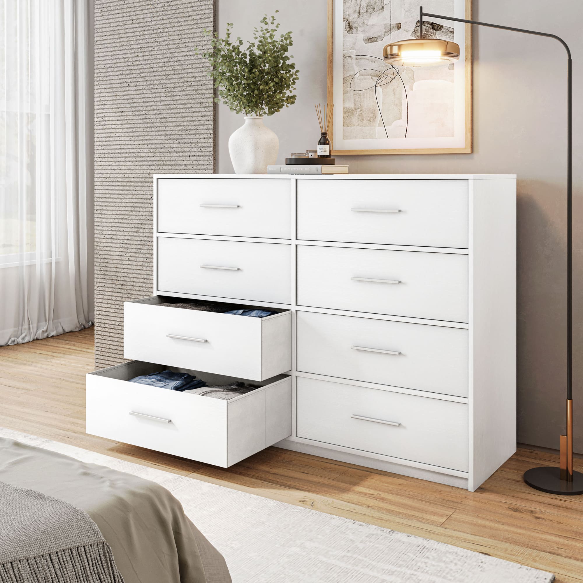 GOODSILO - 8-Drawer Fabric Storage Dresser with Spacious Compartments and Sturdy Wooden Top - White