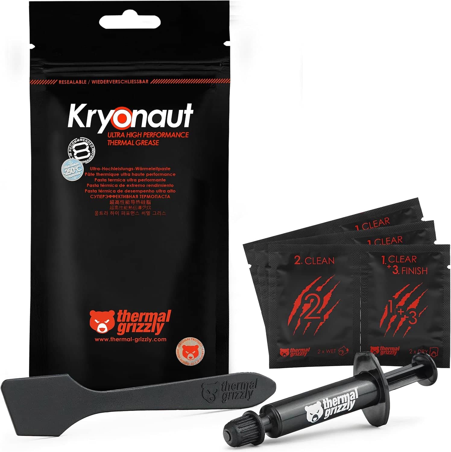Thermal Grizzly - Kryonaut - 1 Gram - Extremely High Performance Thermal Paste + 12 Cleaning Wipes 6 Wet & 6 Dry CPU/GPU