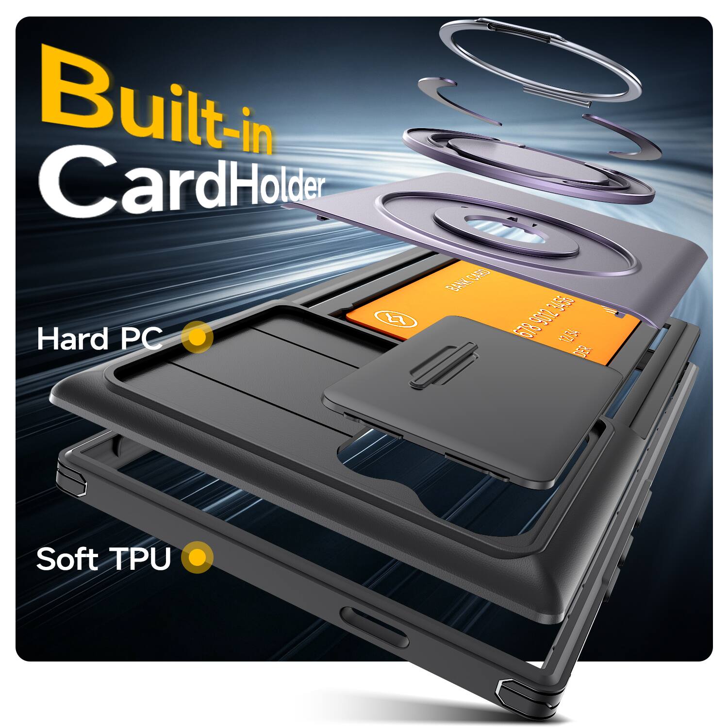 Built-in CardHolder

Hard PC

BANK CARD
9012 3456 1 678 12/34 DER

Soft TPU