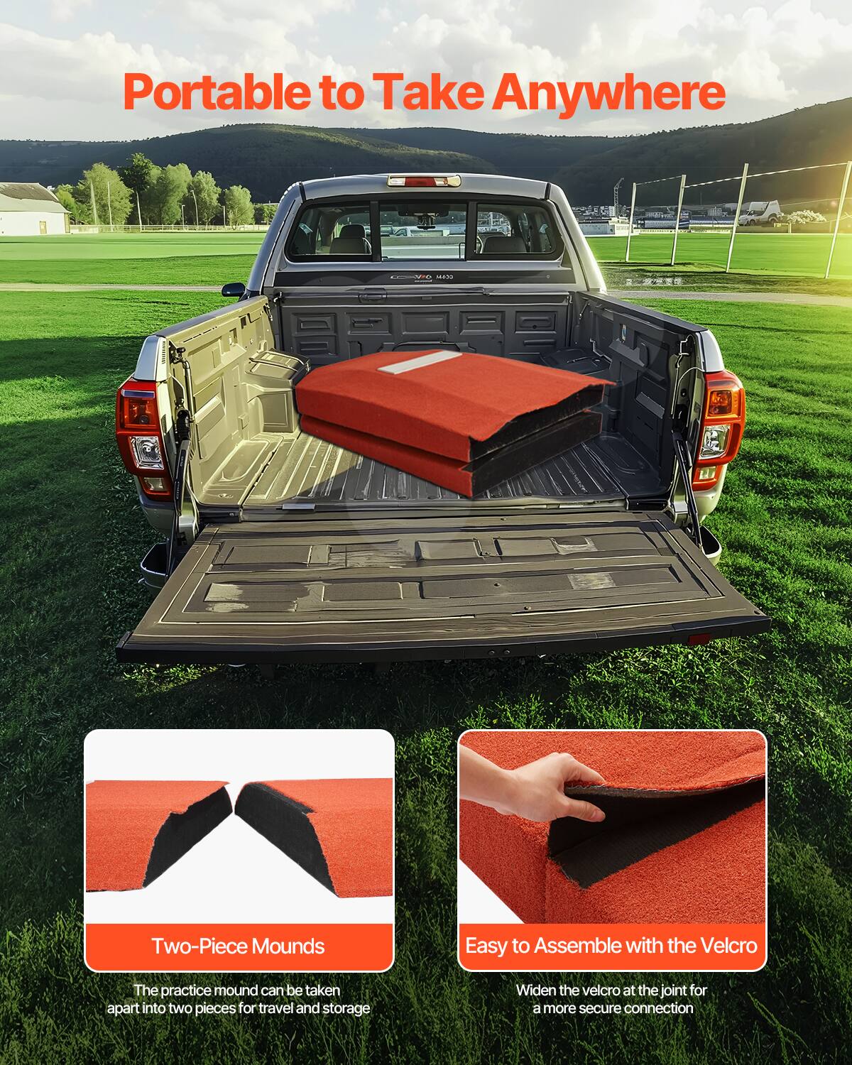 Portable to Take Anywhere

Two-Piece Mounds  
The practice mound can be taken apart into two pieces for travel and storage

Easy to Assemble with the Velcro  
Widen the velcro at the joint for a more secure connection
