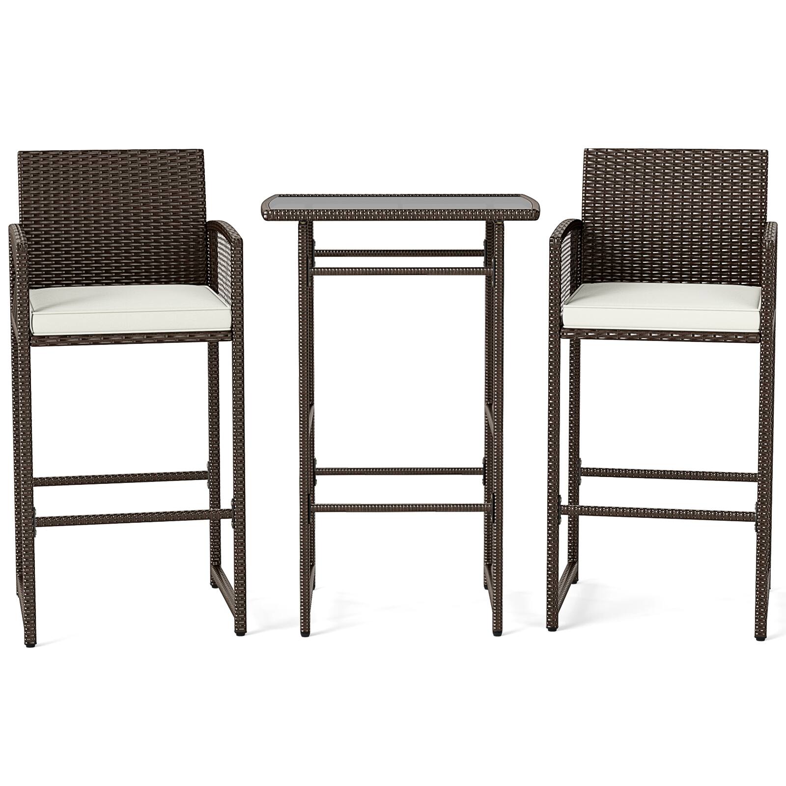 Alt View 7. Gymax - Gymax Set Of 3 Patio Bar Set Wicker Table & Armchairs w/ 2 Cushions & Glass Tabletop - Brown.