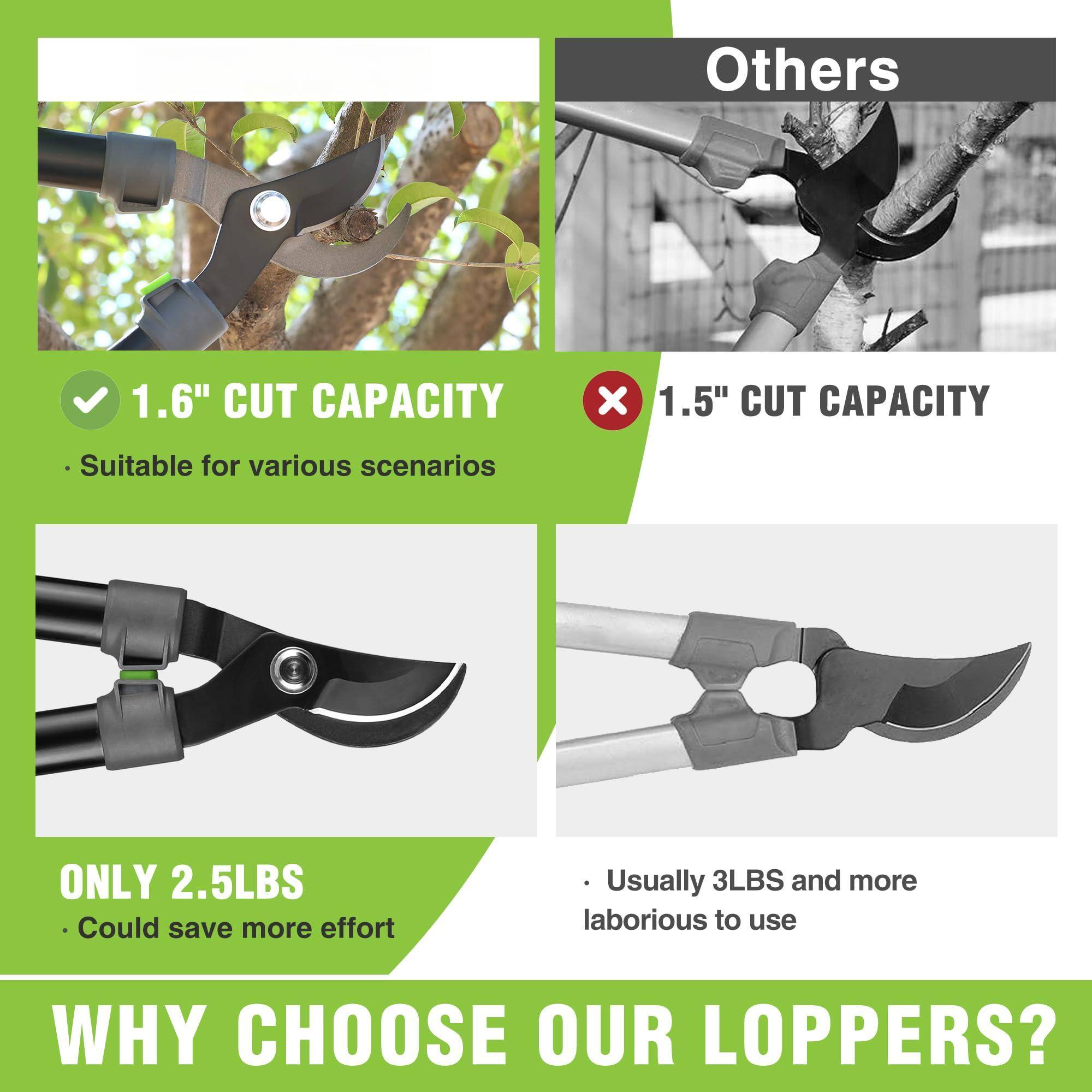 **1.6" CUT CAPACITY**  
- Suitable for various scenarios

**Others**  
**1.5" CUT CAPACITY**  
- Usually 3LBS and more laborious to use

**ONLY 2.5LBS**  
- Could save more effort

**WHY CHOOSE OUR LOPPERS?**