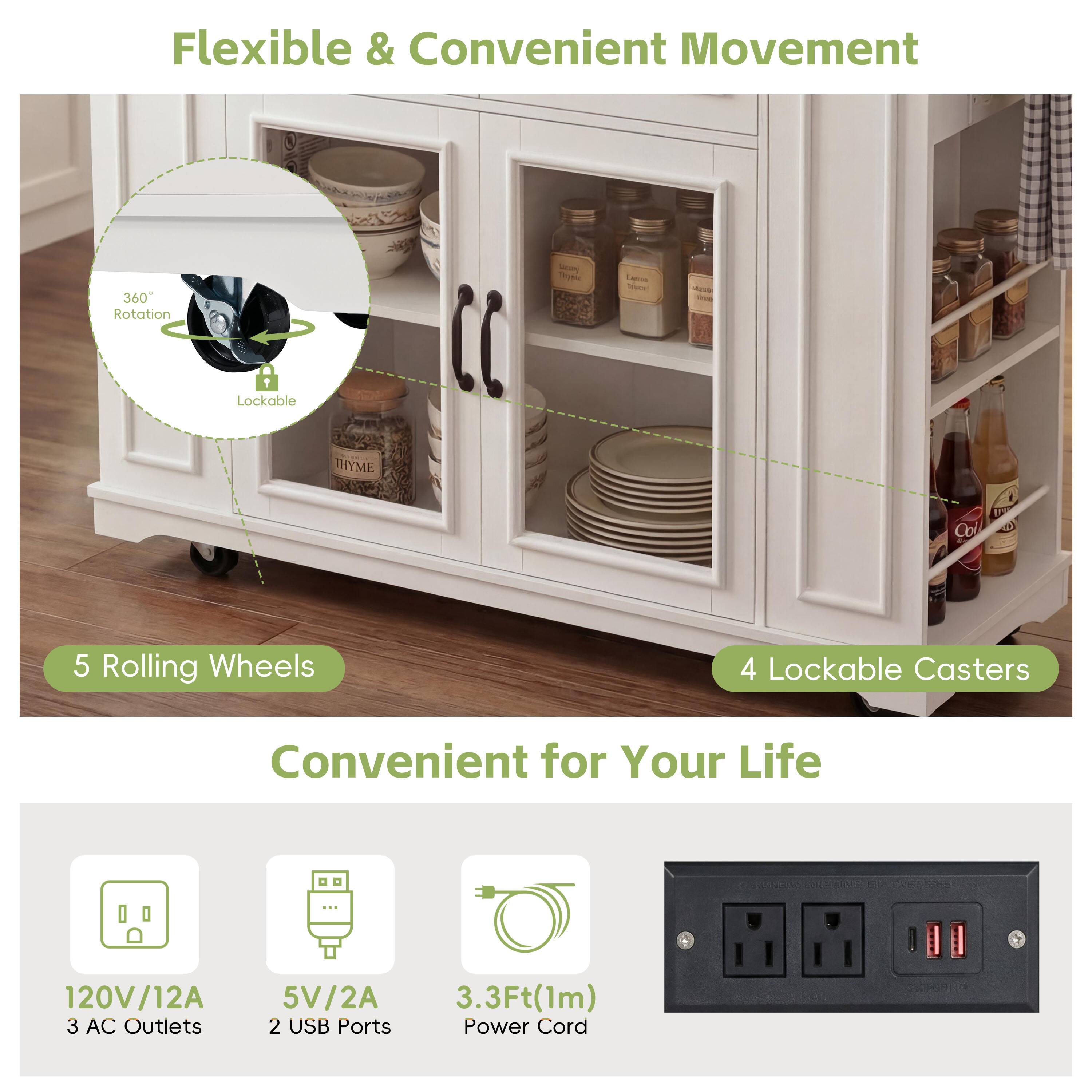 Flexible & Convenient Movement  
360° Rotation Lockable  
5 Rolling Wheels  
4 Lockable Casters  
Convenient for Your Life  
120V/12A  
3 AC Outlets  
5V/2A  
2 USB Ports  
3.3Ft (1m) Power Cord