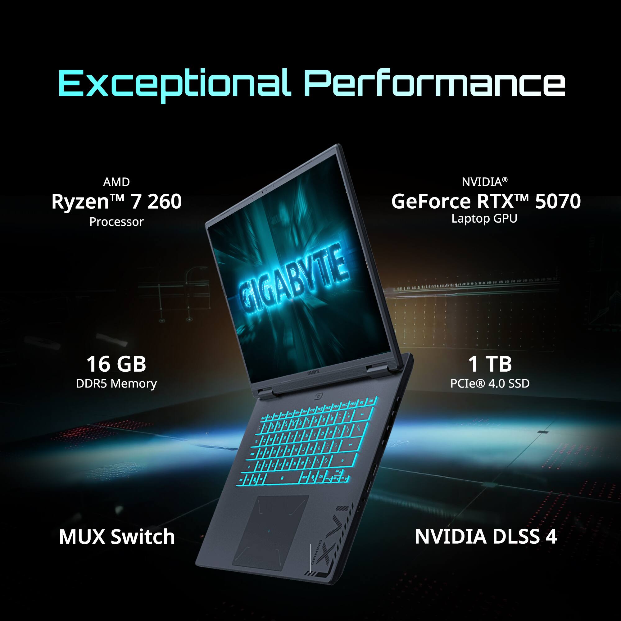 Exceptional Performance

- AMD Ryzen™ 7 260 Processor
- 16 GB DDR5 Memory
- NVIDIA GeForce RTX™ 5070 Laptop GPU
- 1 TB PCIe® 4.0 SSD
- MUX Switch
- NVIDIA DLSS 4