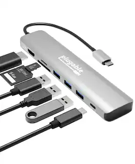 Plugable - 7-in-1 USB C Hub Multiport Adapter, 100W Charging - Silver