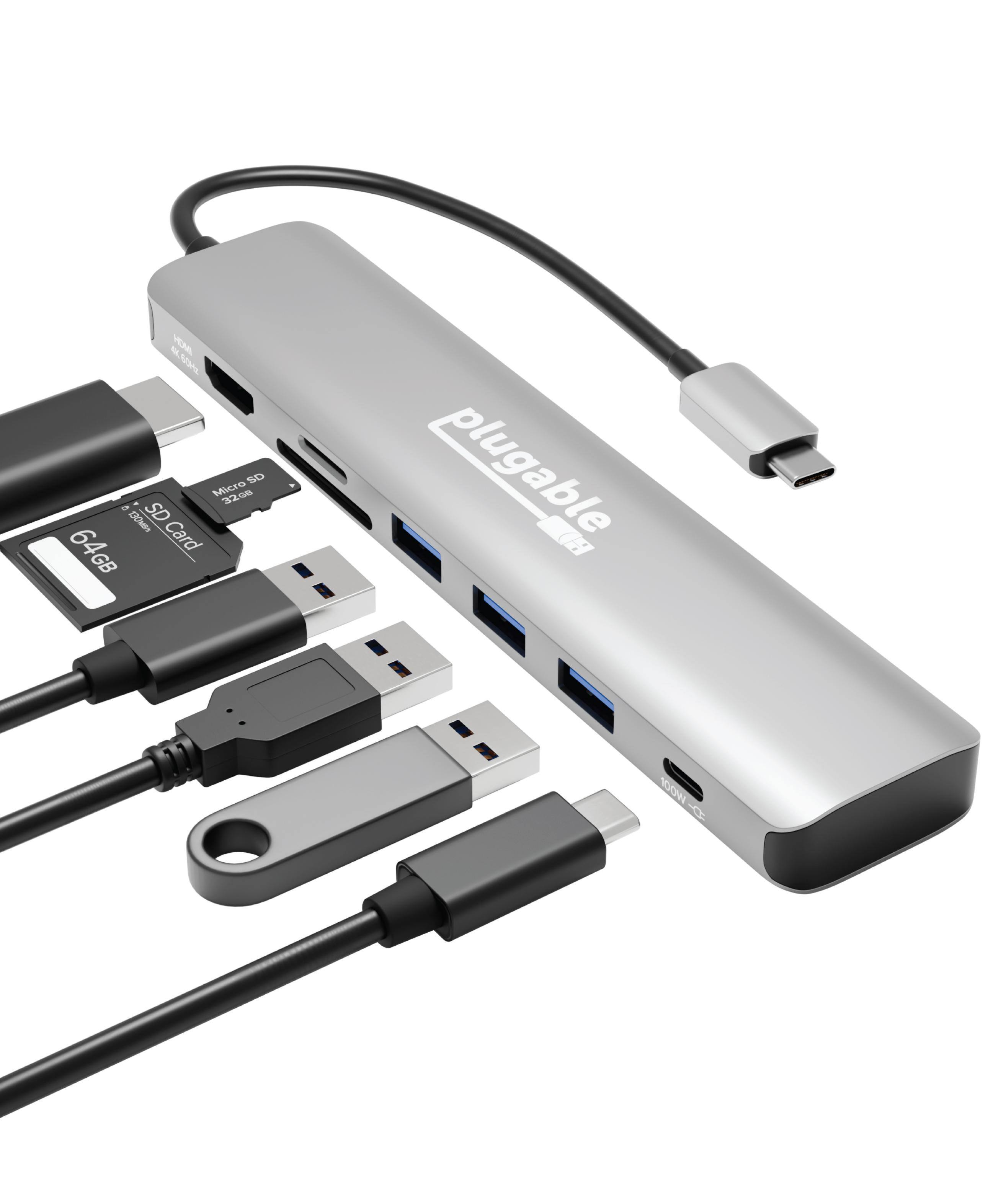 Plugable - 7-in-1 USB C Hub Multiport Adapter, 100W Charging - Silver