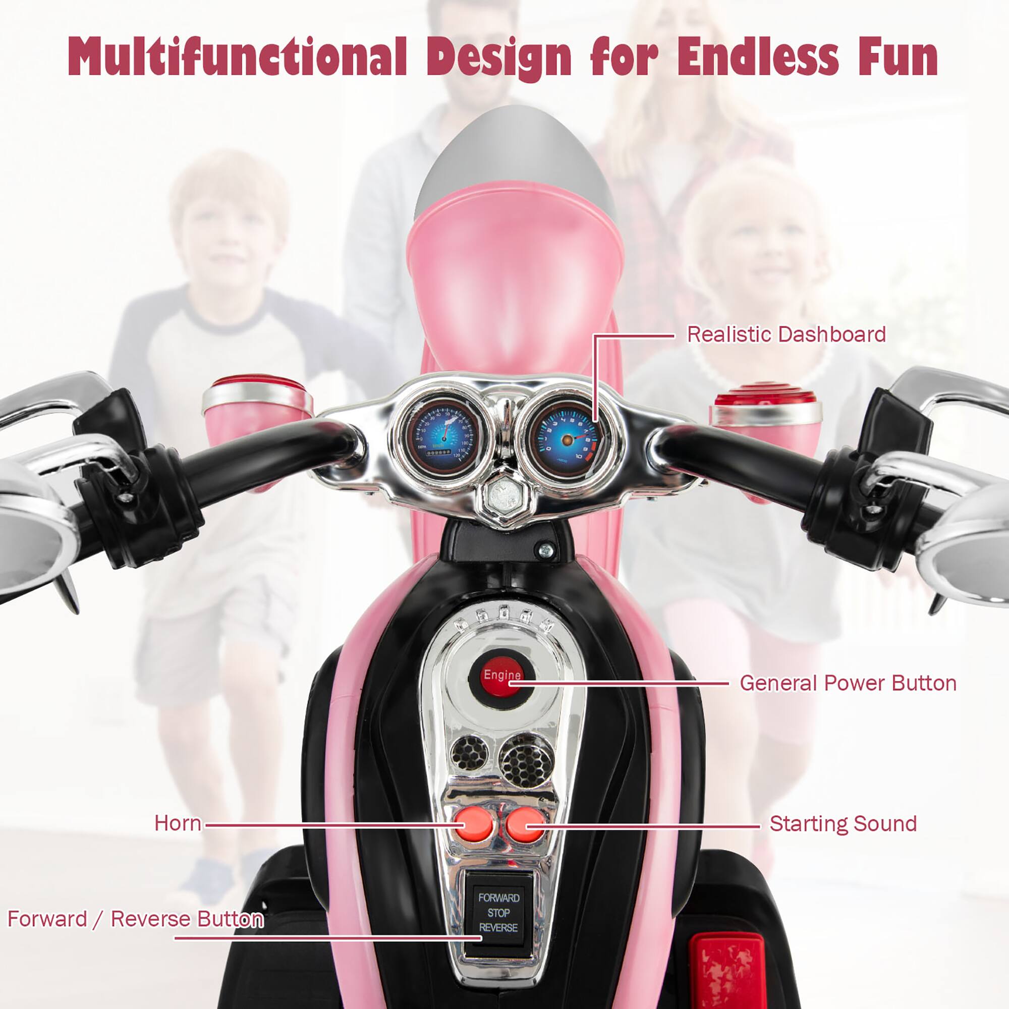 Multifunctional Design for Endless Fun

- Realistic Dashboard
- General Power Button
- Starting Sound
- Horn
- Forward / Reverse Button
- Engine