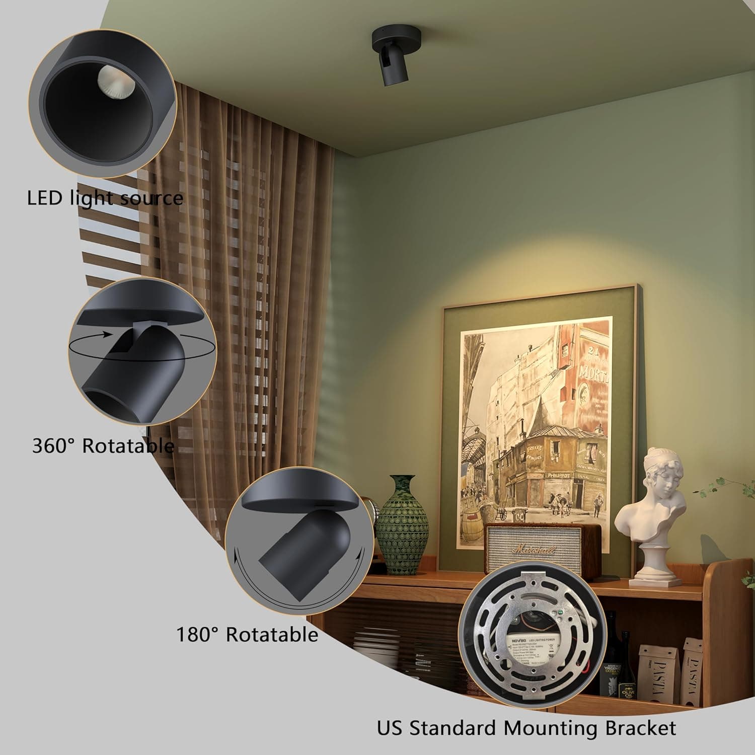 LED light source  
360° Rotatable  
180° Rotatable  
US Standard Mounting Bracket