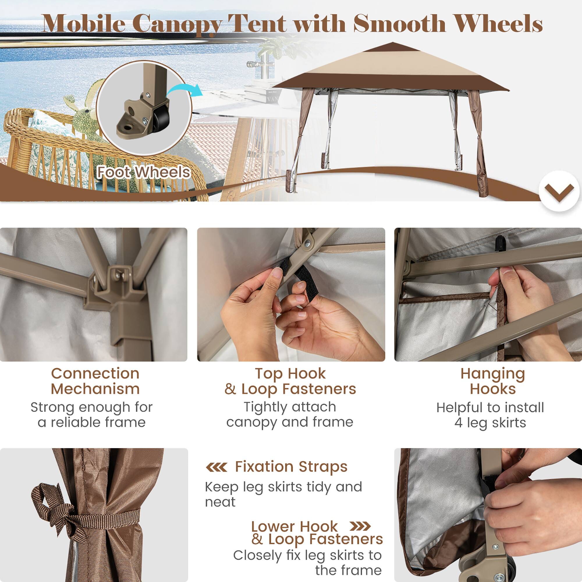 Mobile Canopy Tent with Smooth Wheels

- Foot Wheels
- Connection Mechanism: Strong enough for a reliable frame
- Top Hook & Loop Fasteners: Tightly attach canopy and frame
- Hanging Hooks: Helpful to install 4 leg skirts
- Fixation Straps: Keep leg skirts tidy and neat
- Lower Hook & Loop Fasteners: Closely fix leg skirts to the frame