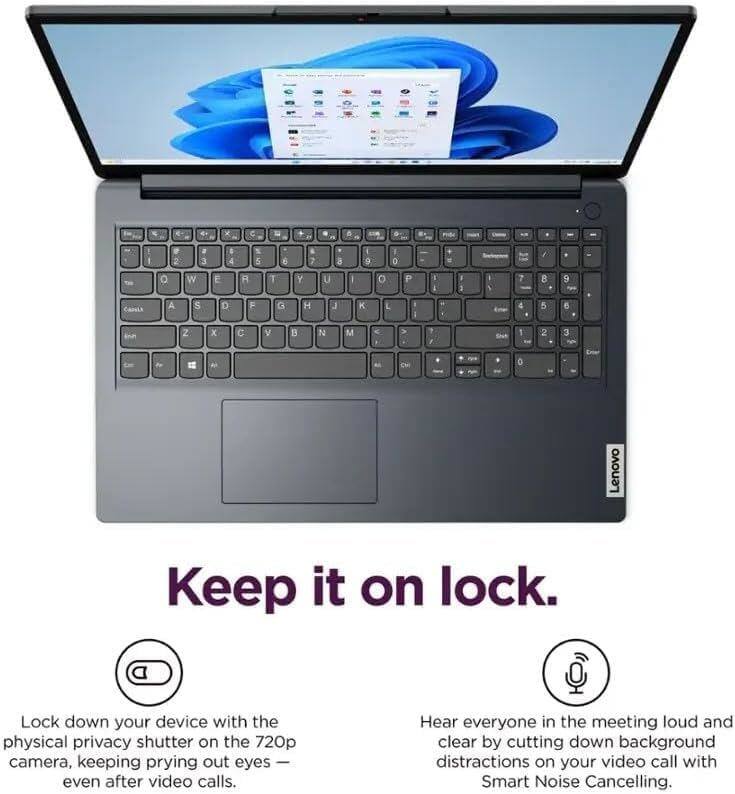 x C = a Fide - O 2 a 3 W E  4 A 5 T 6 Y 7 U a I I 9 o 0 P 1 I : I B 9 Caisia A S D F G H J K L 4 5 e Z x C V  N M > , Sich : 2 3 - ! A CM 0 Lenovo Keep it on lock. Lock down your device with the physical privacy shutter on the 720p camera, keeping prying out eyes even after video calls. Hear everyone in the meeting loud and clear by cutting down background distractions on your video call with Smart Noise Cancelling.