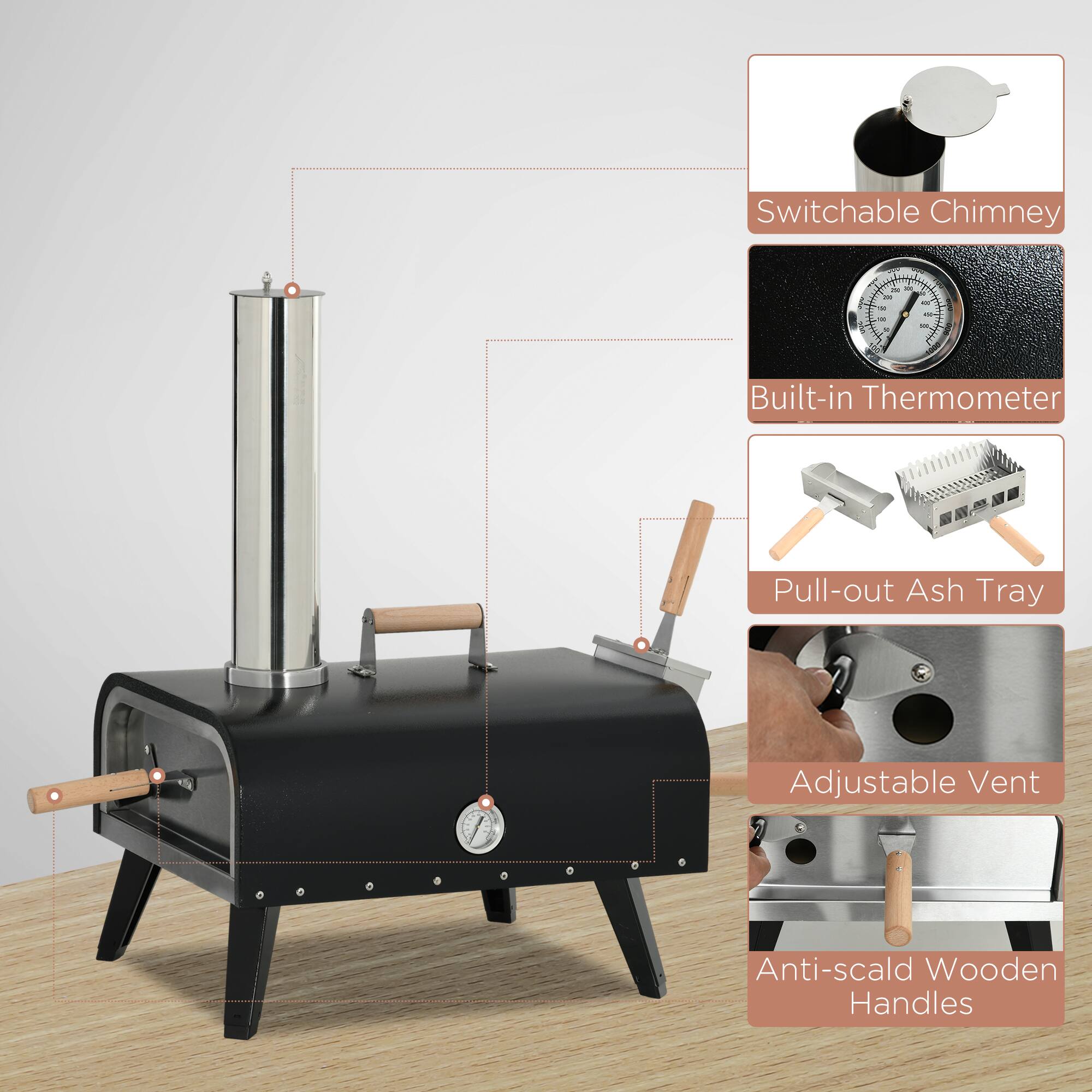 Switchable Chimney, Built-in Thermometer, Pull-out Ash Tray, Adjustable Vent, Anti-scald Wooden Handles