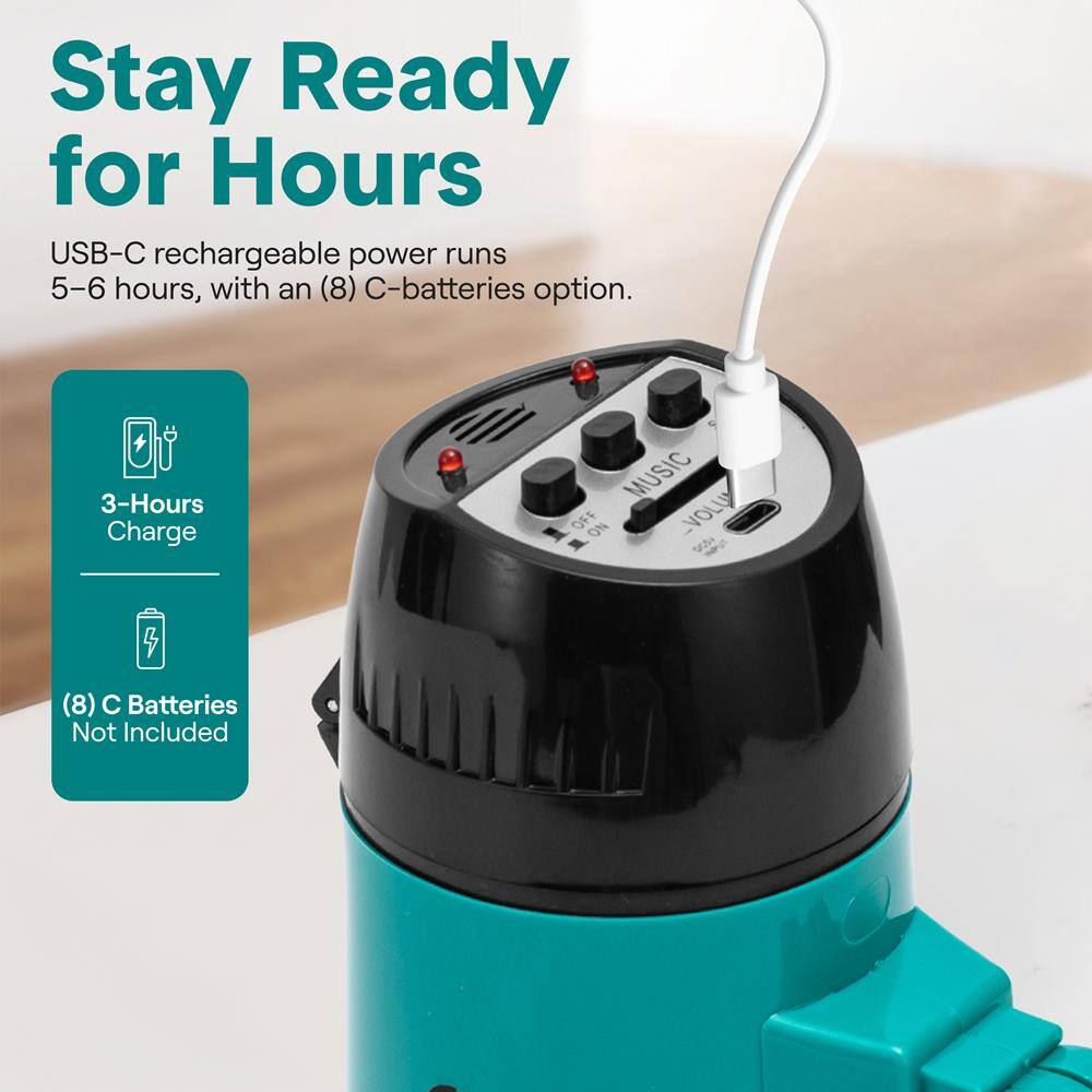Stay Ready for Hours  
USB-C rechargeable power runs 5-6 hours, with an (8) C-batteries option.  
3-Hours Charge  
MUSIC OFF NO -  
(8) Batteries Not Included