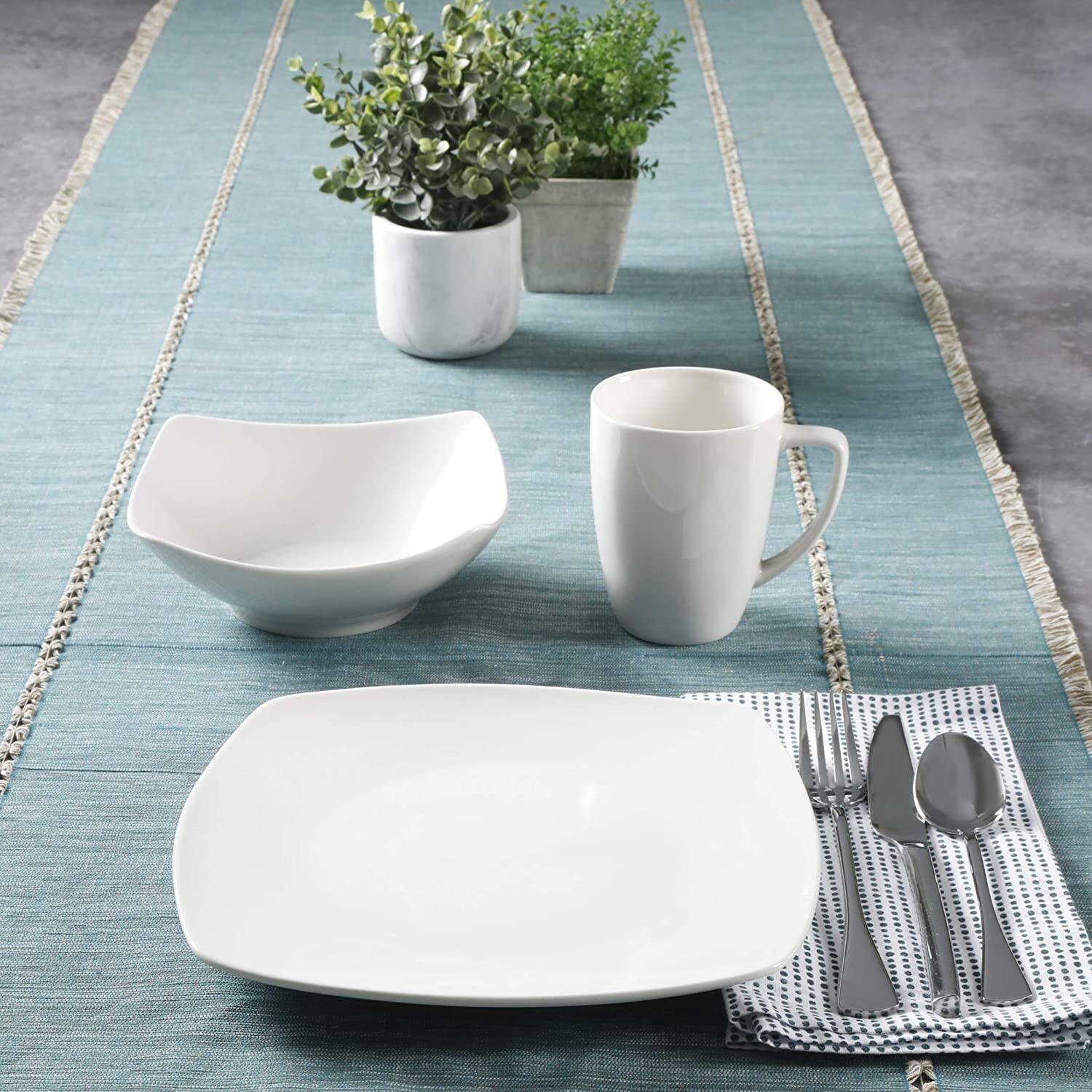 Alt View 3. Gibson - Gibson Zen Buffetware 12 Piece Square Dinnerware Plate, Bowl, & Mug Set, White - White (Soft Square).