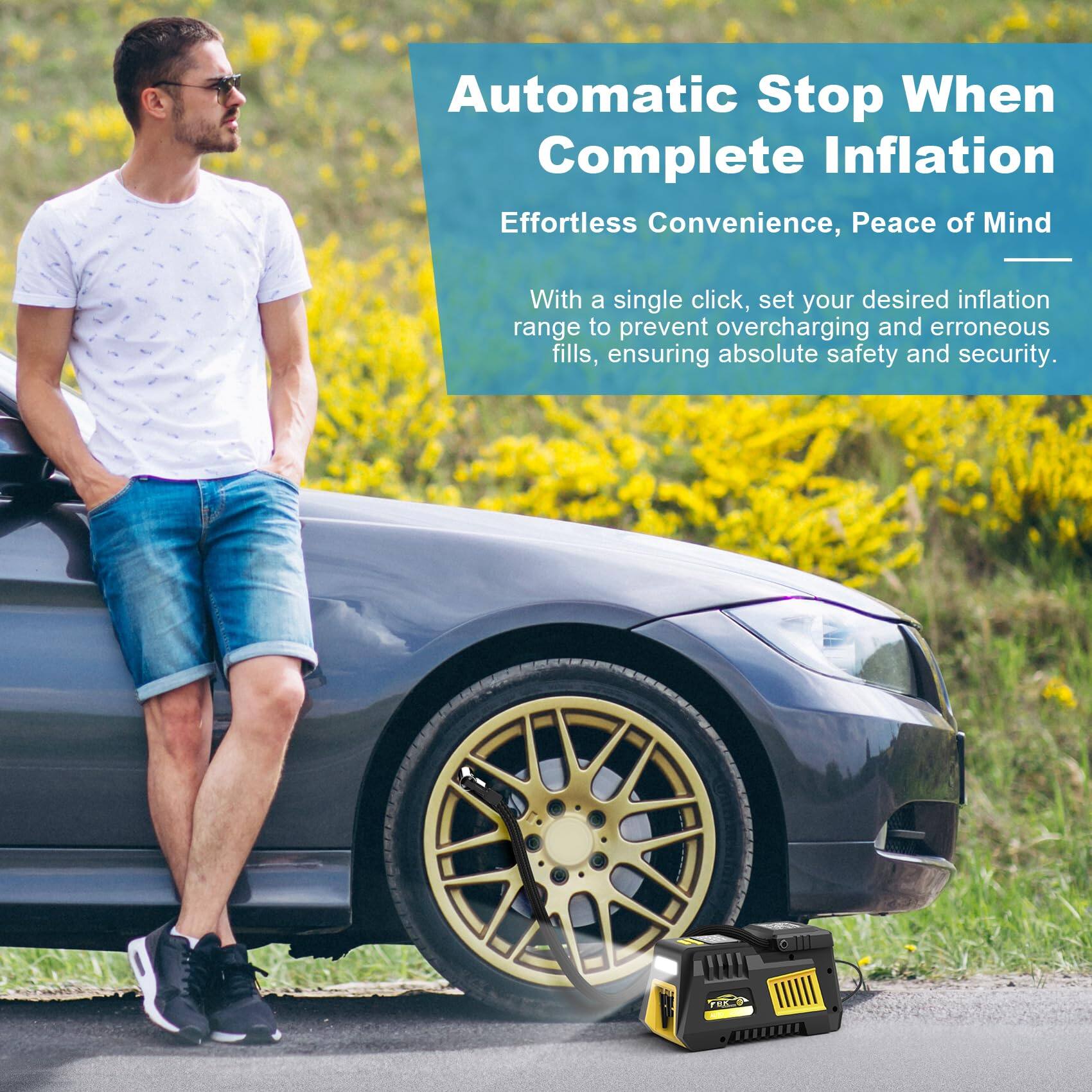 Automatic Stop When Complete Inflation  
Effortless Convenience, Peace of Mind  

With a single click, set your desired inflation range to prevent overcharging and erroneous fills, ensuring absolute safety and security.