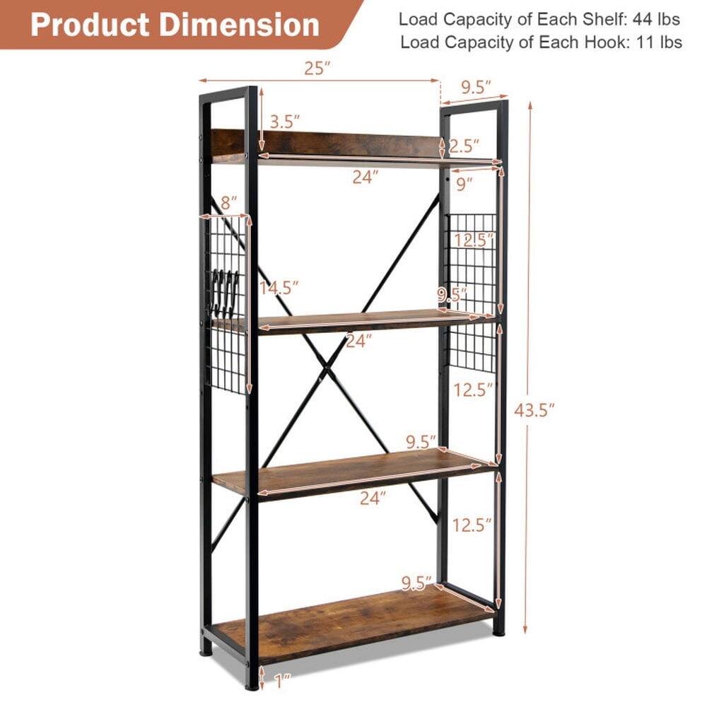 Product Dimension  
25"  
Load Capacity of Each Shelf: 44 lbs  
Load Capacity of Each Hook: 11 lbs  

9.5"  
3.5"  
2.5"  
8"  
24"  
9"  
12.5"  
14.5"  
9.5"  
24"  
12.5"  
43.5"  
9.5"  
24"  
12.5"  
9.5"  
10"