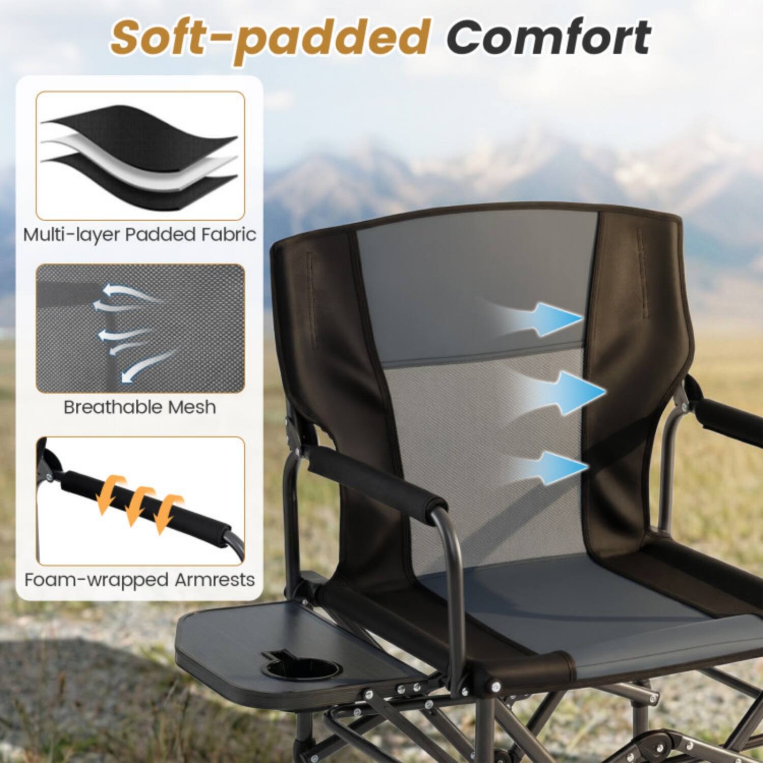 Soft-padded Comfort  
Multi-layer Padded Fabric  
Breathable Mesh  
Foam-wrapped Armrests
