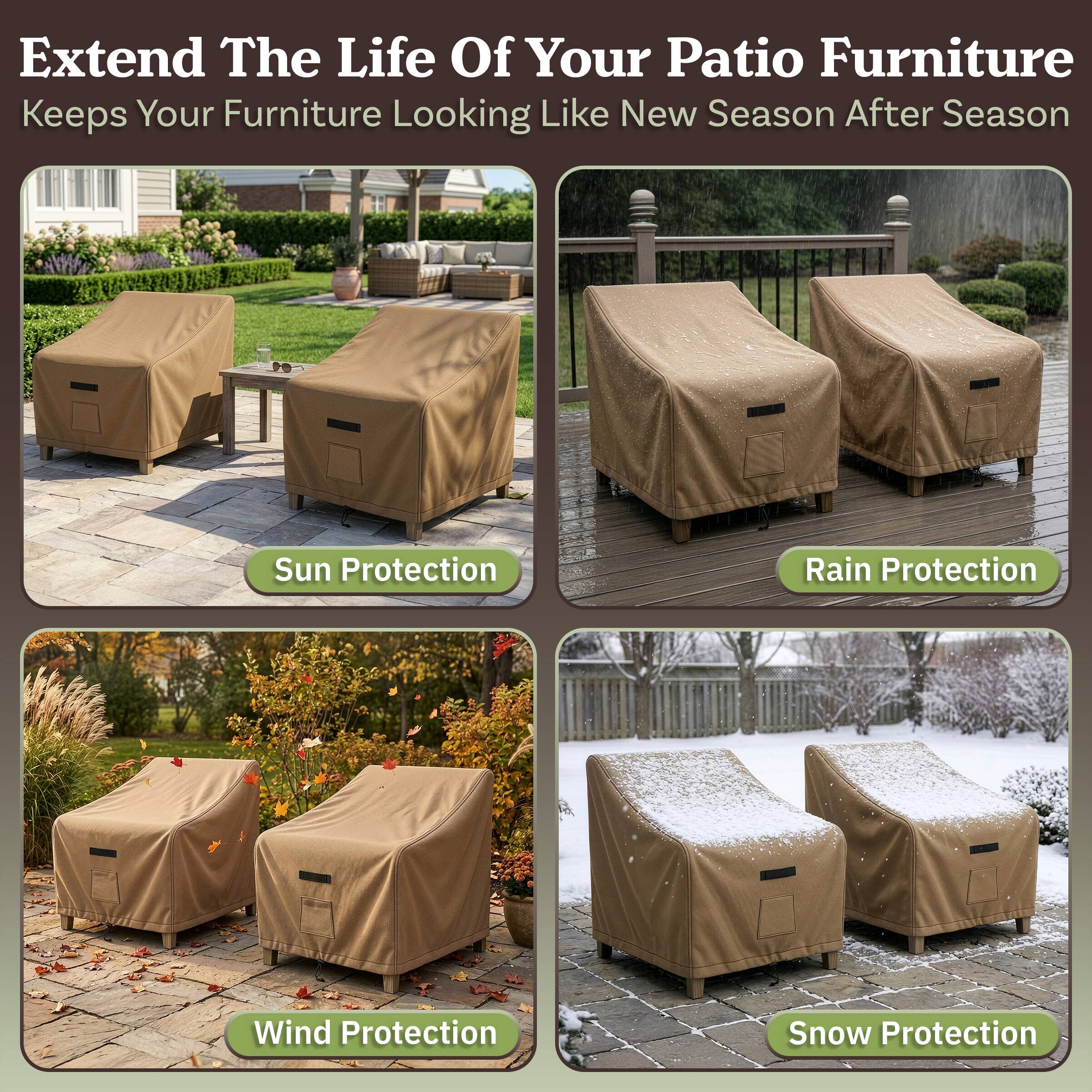 Extend The Life Of Your Patio Furniture  
Keeps Your Furniture Looking Like New Season After Season  

- Sun Protection  
- Rain Protection  
- Wind Protection  
- Snow Protection