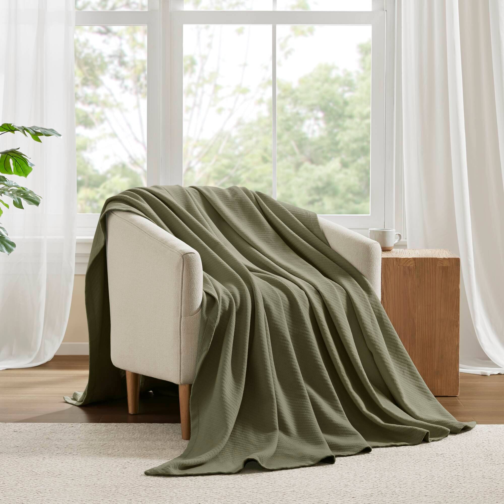 Alt View 3. Gracie Mills - Malaga Cotton Blanket - Olive Green.
