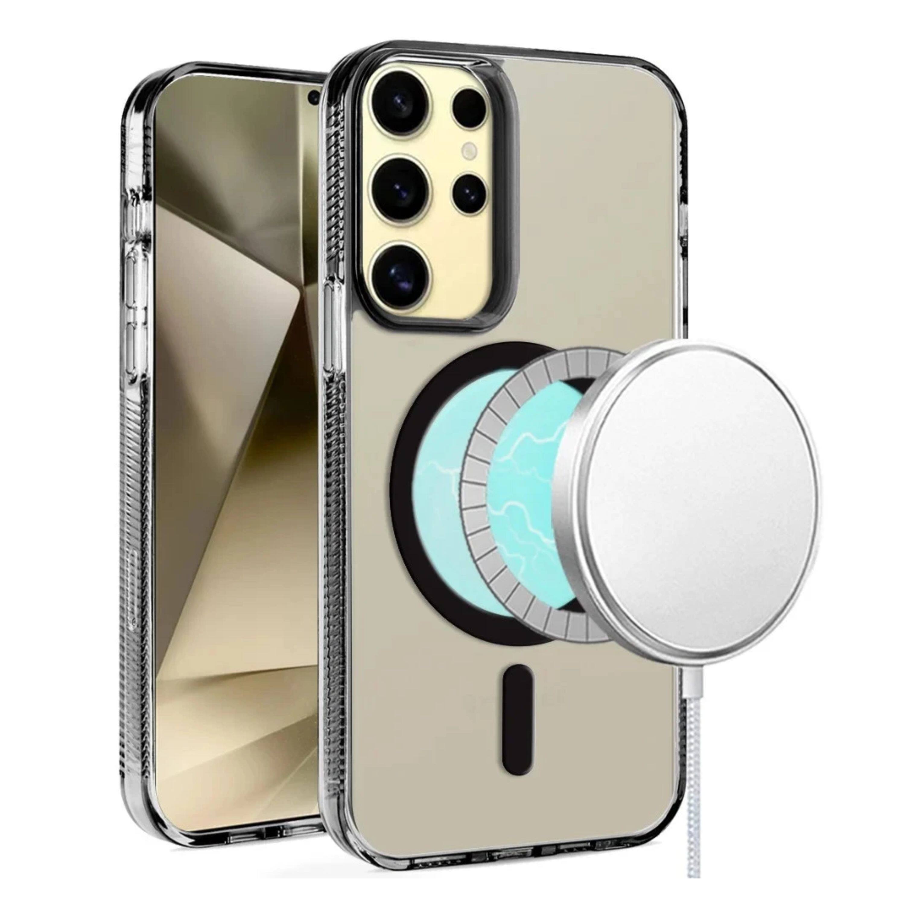 Angle. Kitcheniva - Clear Back Magnetic Charging Grip Sides Phone Case For Samsung Galaxy S24+ Plus Black - Black.