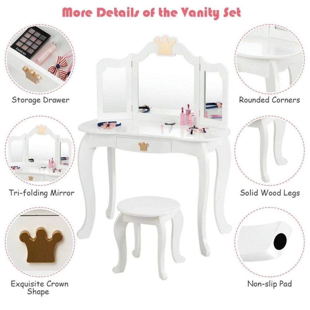 More Details of the Vanity Set

- Storage Drawer
- Tri-folding Mirror
- Exquisite Crown Shape
- Rounded Corners
- Solid Wood Legs
- Non-slip Pad