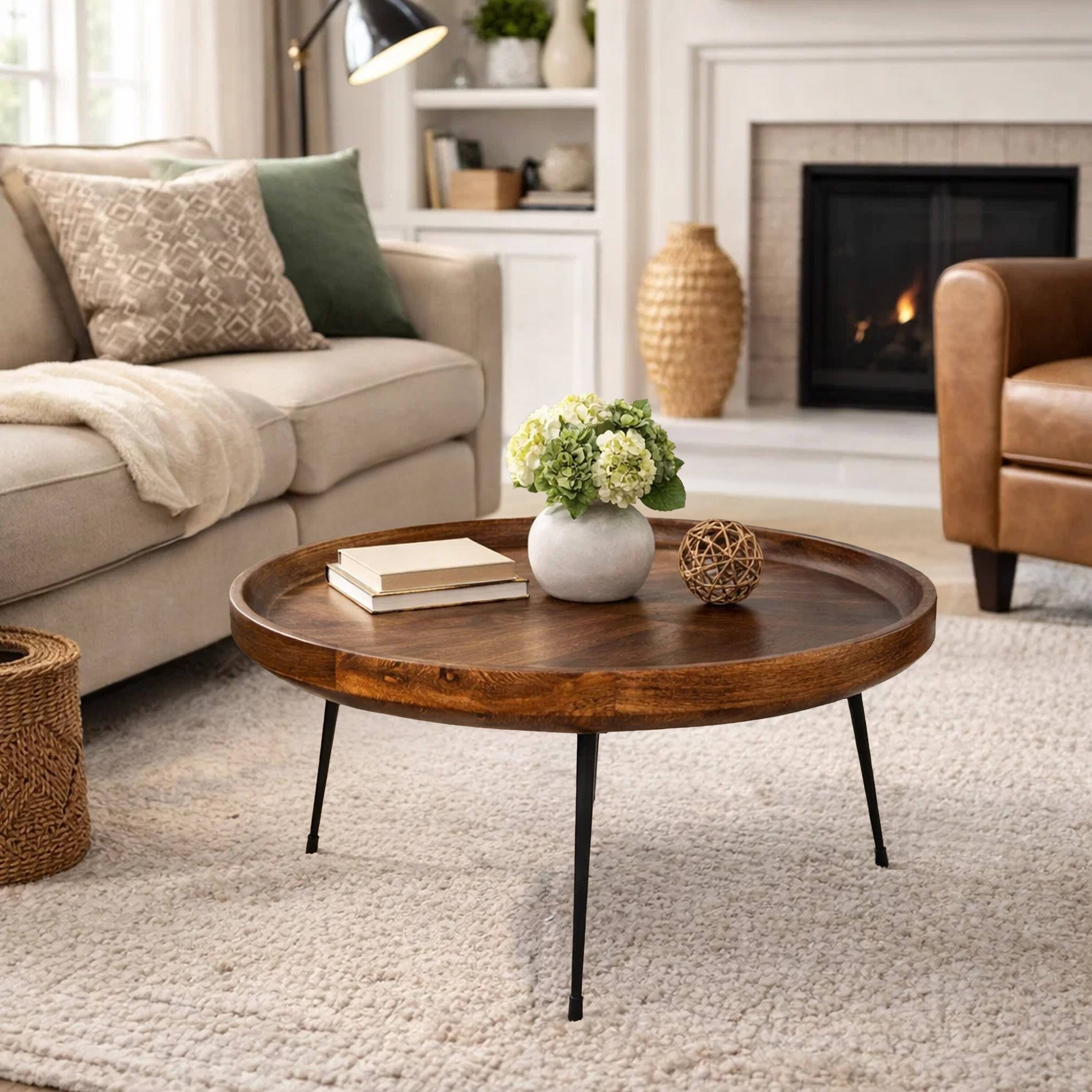Alt View 9. Manhattan Lane - Gia Round Mango Wood Coffee Table With Splayed Metal Legs - Brown and Black.