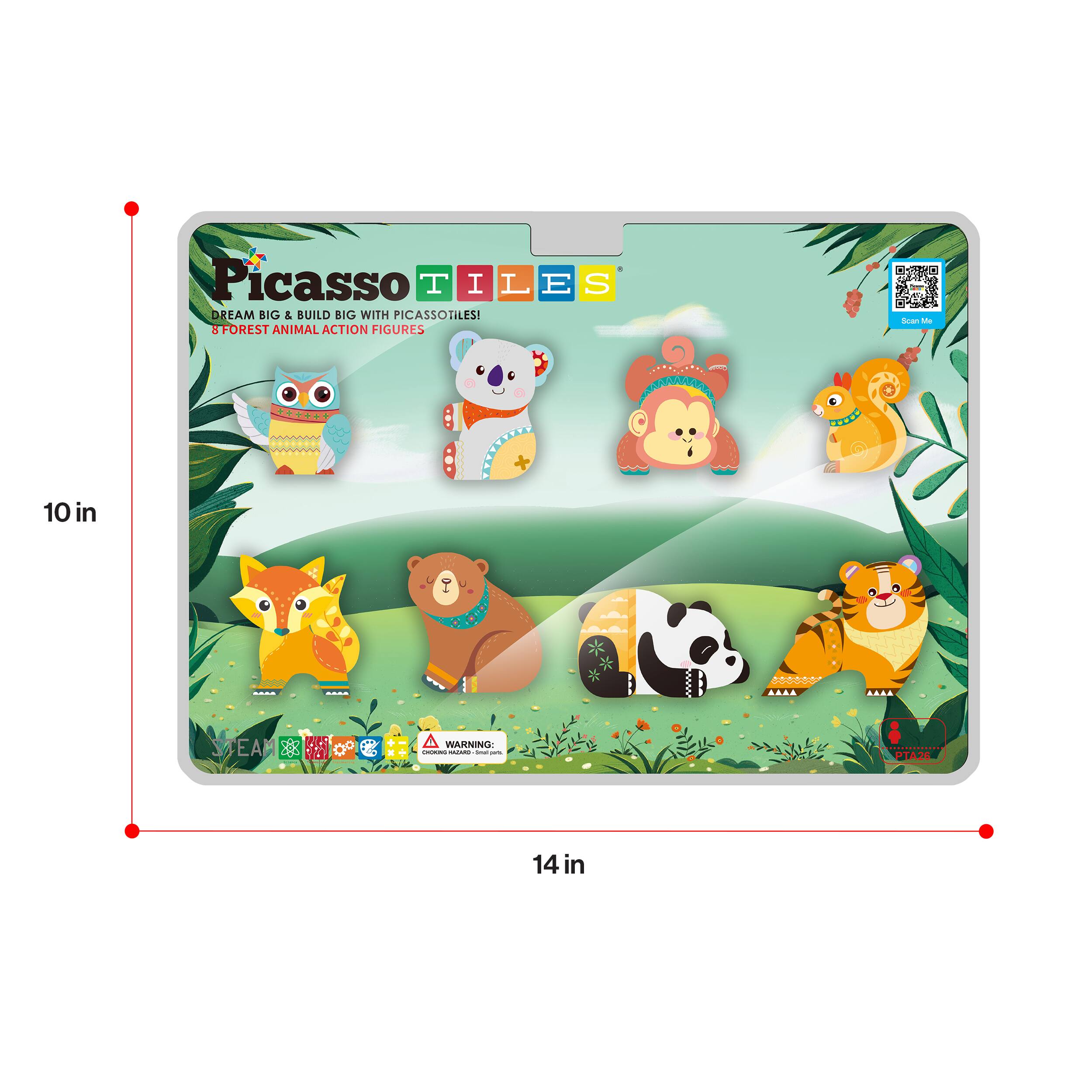 Picasso Tiles  
Dream Big & Build Big with PicassoTiles!  
8 Forest Animal Action Figures  

10 in  
14 in  

Warning:  
Choking Hazard - Small parts. Not for children under 3 years.