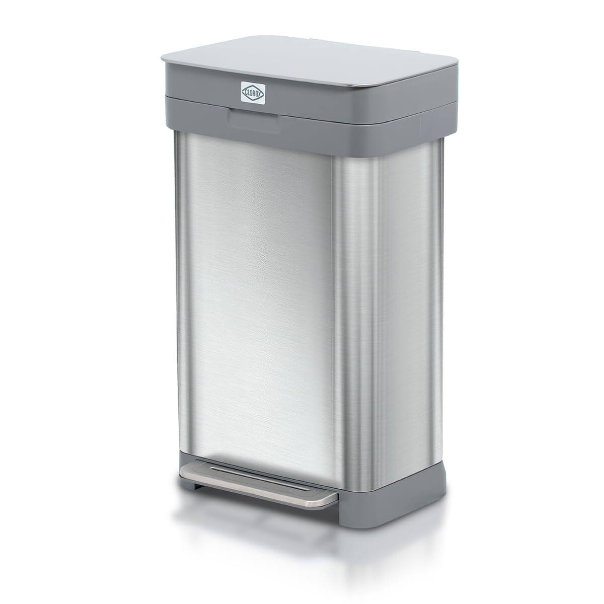 Front. Clorox - Clorox Trash Can, 13 Gallon Stainless Steel Garbage Bin with Wide Step, Silver - Black, Silver.