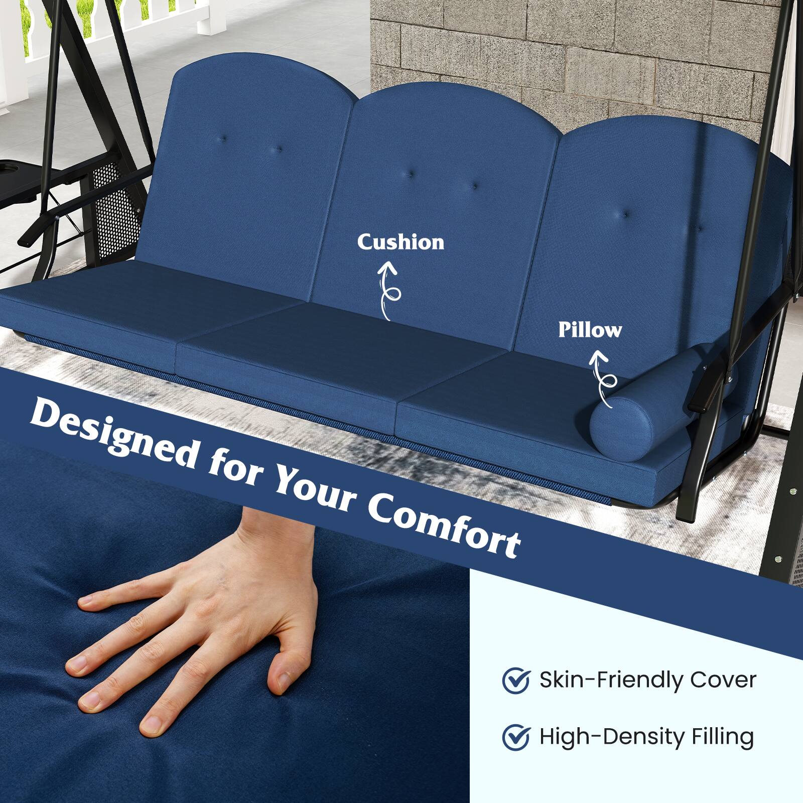 Alt View 1. Gymax - Gymax 3-Seat Patio Swing Chair w/ Adjustable Canopy Thickened Cushions Pillow Outdooor Navy - Blue.