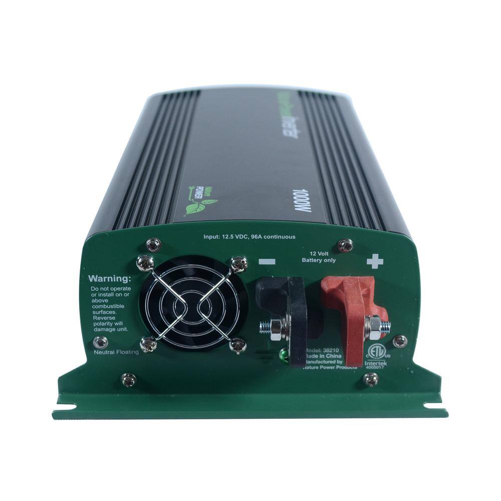 heter POWER 1000W  
Input: 12.5 VDC, 96A continuous  
Warning: Do not operate or install on or above combustible surfaces. Reverse polarity will damage unit.  
12 Volt Battery only  
Neutral Floating  
Model: 38210  
Made in China  
Manufactured by Intertek  
Nature Power Products  
400501