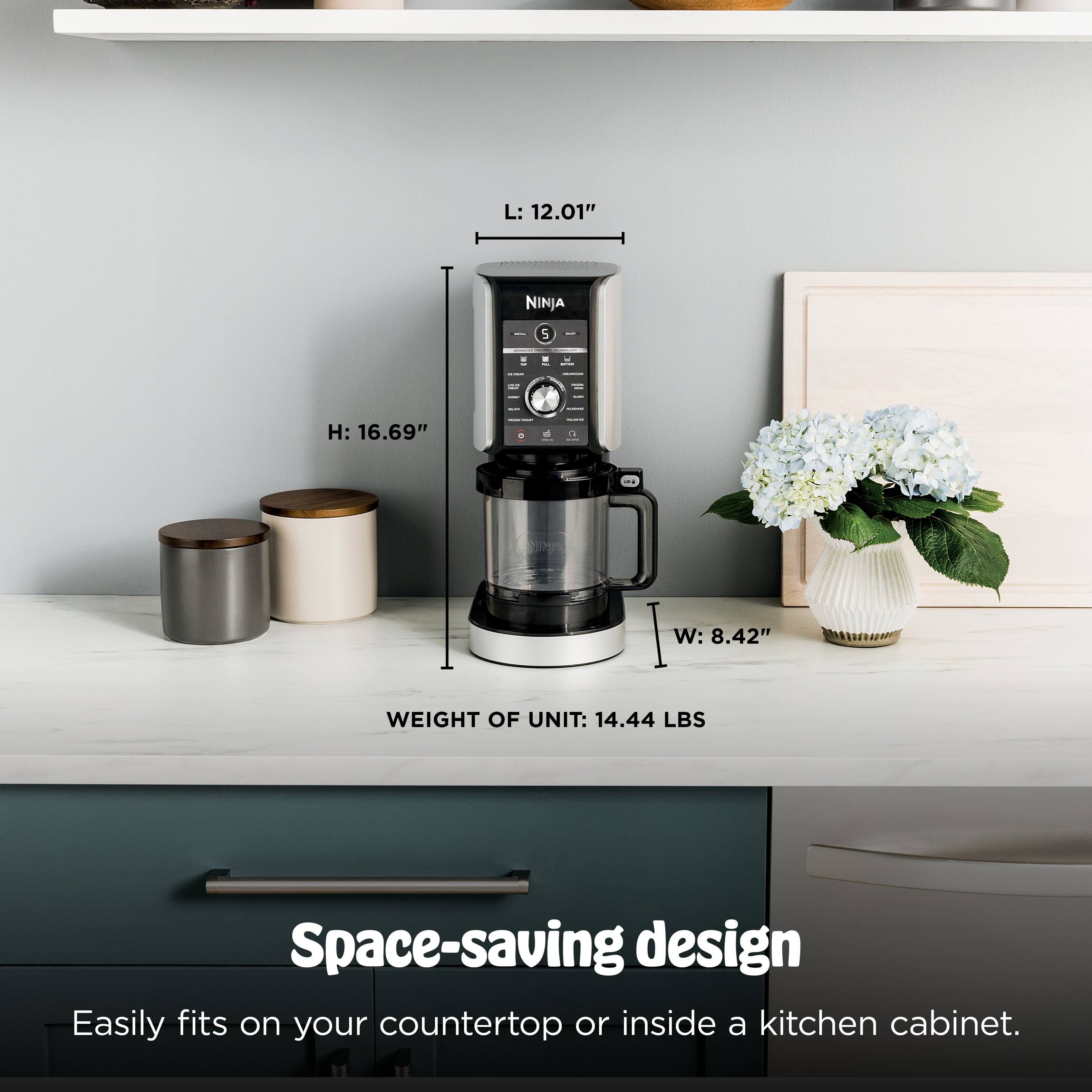 L: 12.01"  
H: 16.69"  
W: 8.42"  
WEIGHT OF UNIT: 14.44 LBS  

Space-saving design  
Easily fits on your countertop or inside a kitchen cabinet.