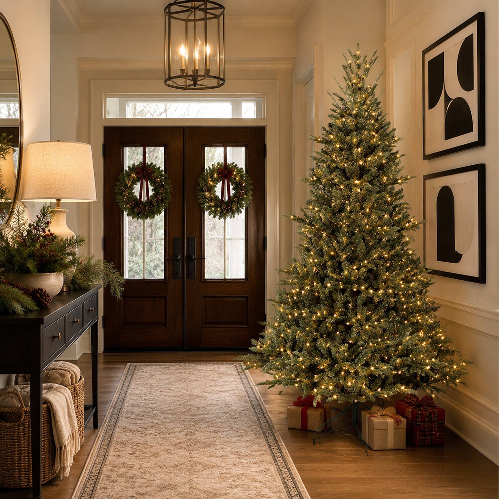 Alt View 2. RYHNUYNE - 7FT Full-Shape Pre-Lit Christmas Tree, 750 Lights 2257 Tips PE/PVC Mixed Branches Wide Base Stable Metal Stand - Green.