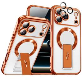 Dteck - for Apple iPhone 18 Pro Max Magnetic Rugged Case with Hidden Stand+Len Film,Electroplated Frame Clear Back Phone Cover - Orange
