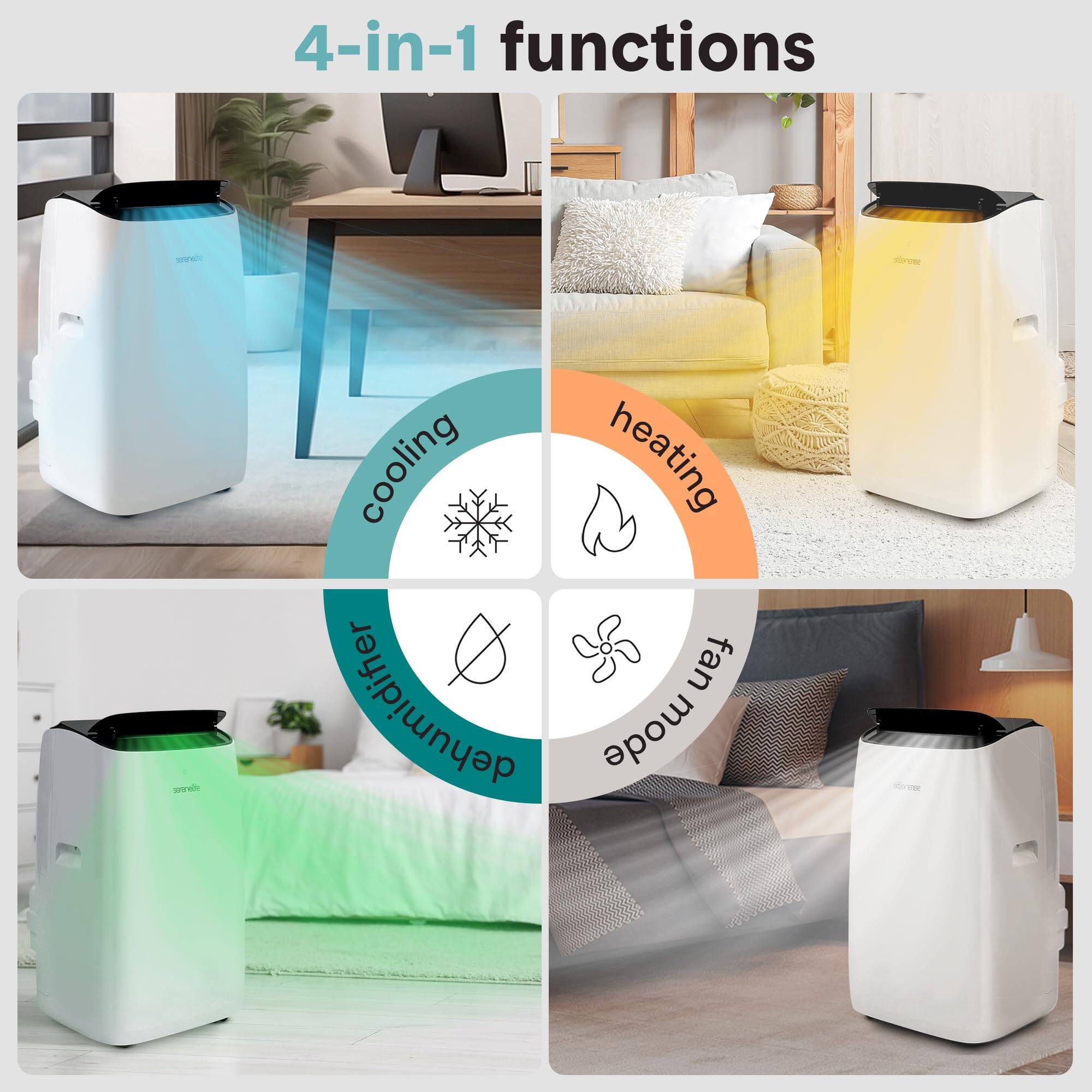 4-in-1 functions

- Cooling
- Heating
- Dehumidifier
- Fan