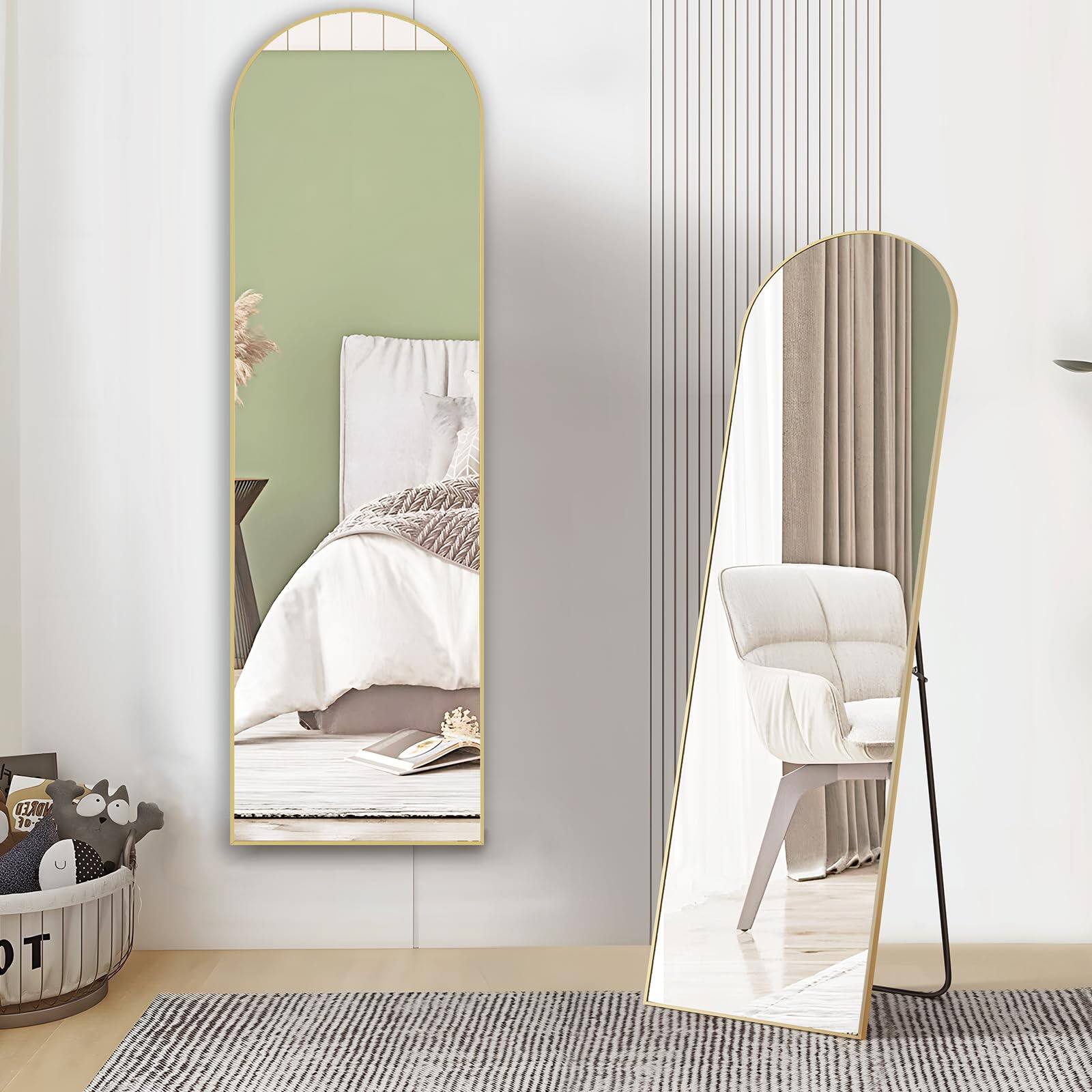 Alt View 3. Live At Space - Arched Full Length Mirror 59"x16" For Bedroom Body With Stand Hanging Or Leaning Wall Aluminum Alloy Thin Frame Floor - Classical Gold-arched-59"L x 16"W.